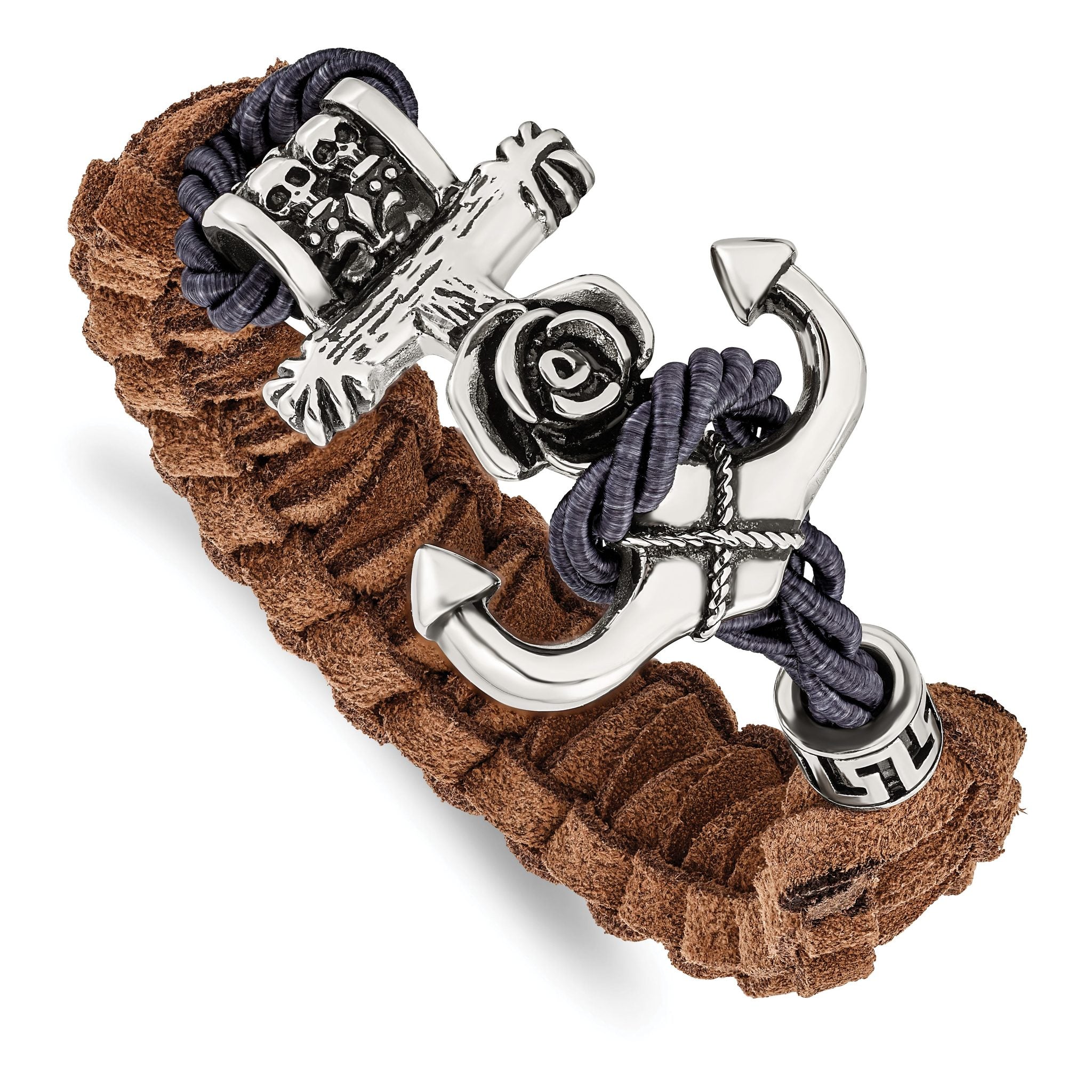 Stainless Steel Antiqued and Polished Anchor with Flower and Skulls Brown Leather Bracelet for Men Main image