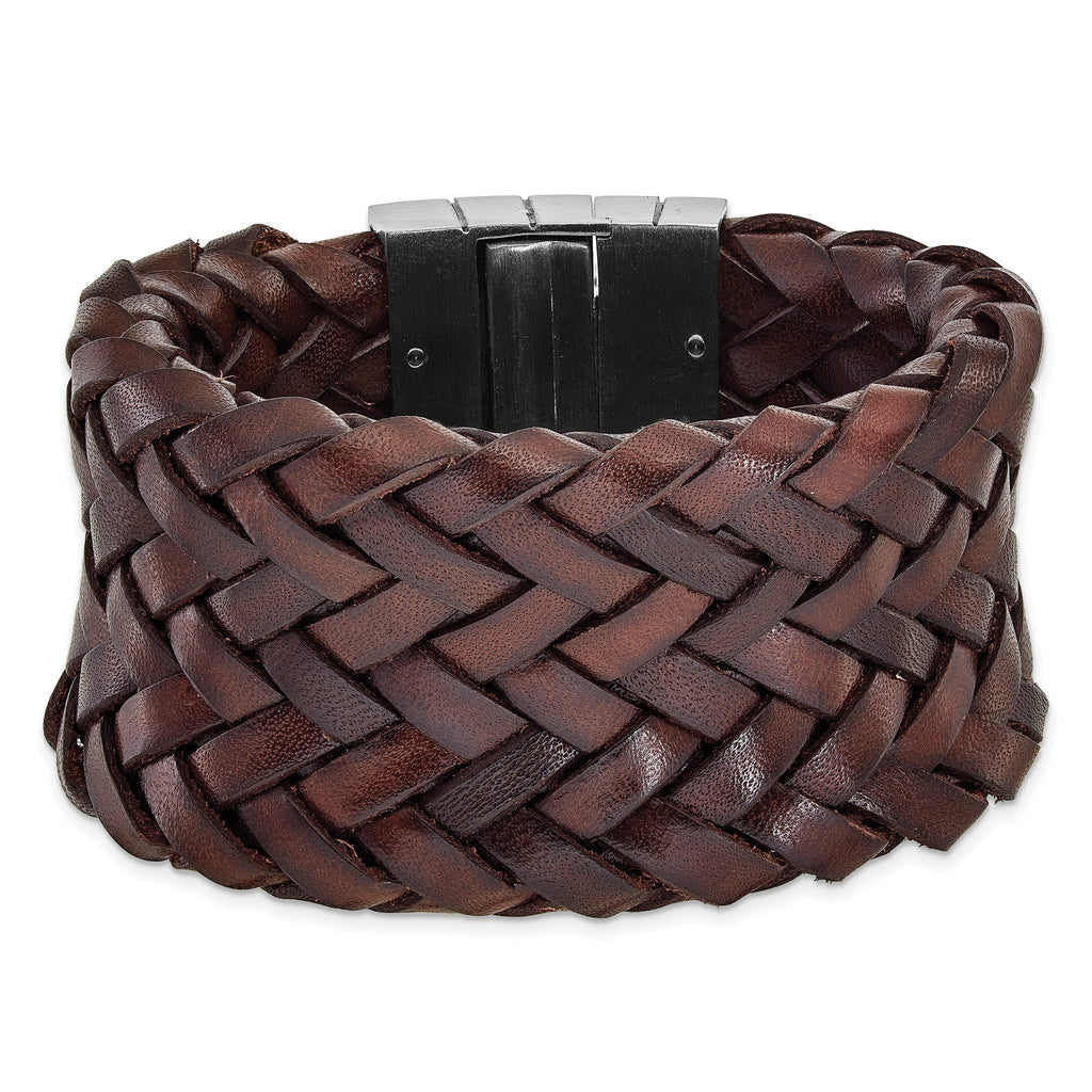 Stainless Steel Brushed & Brown Italian Woven Leather Bracelet for Women