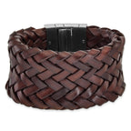 Stainless Steel Brushed & Brown Italian Woven Leather Bracelet for Women