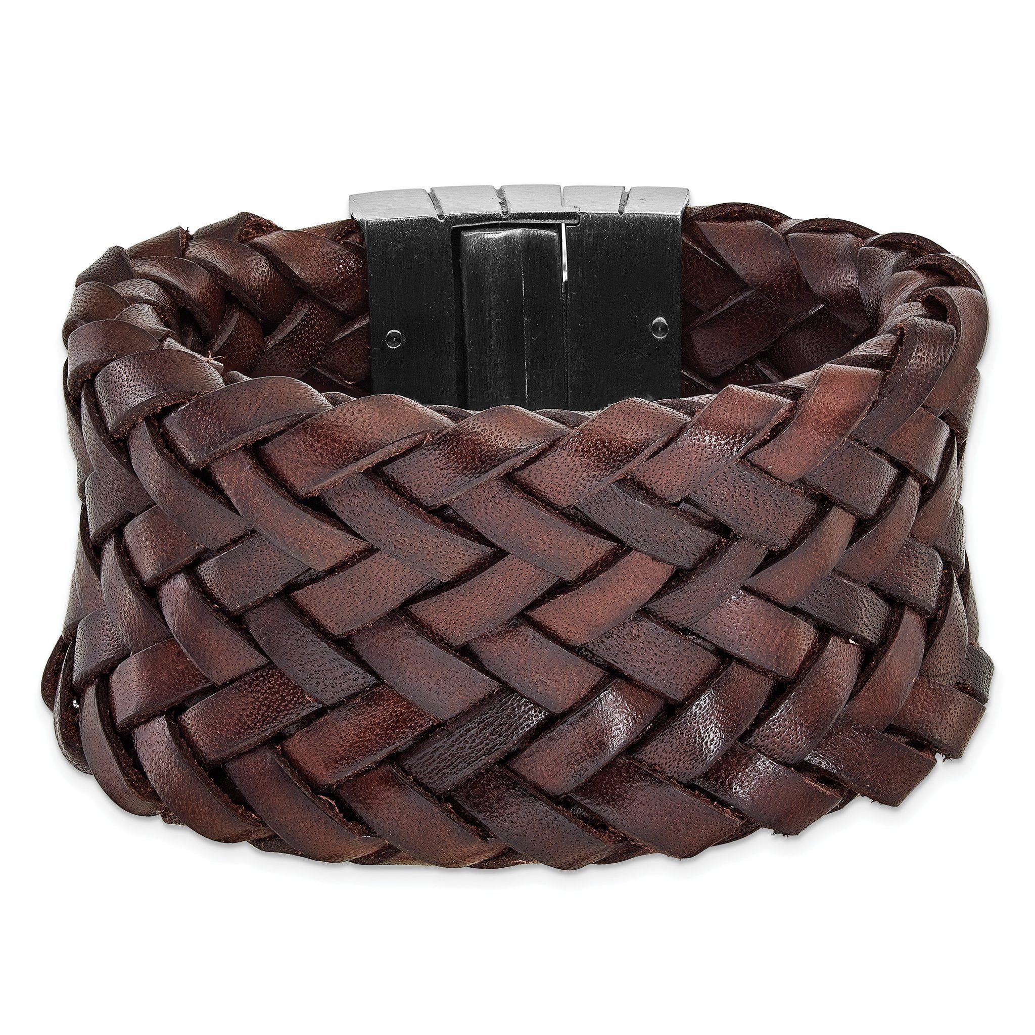 Stainless Steel Brushed & Brown Italian Woven Leather Bracelet for Women