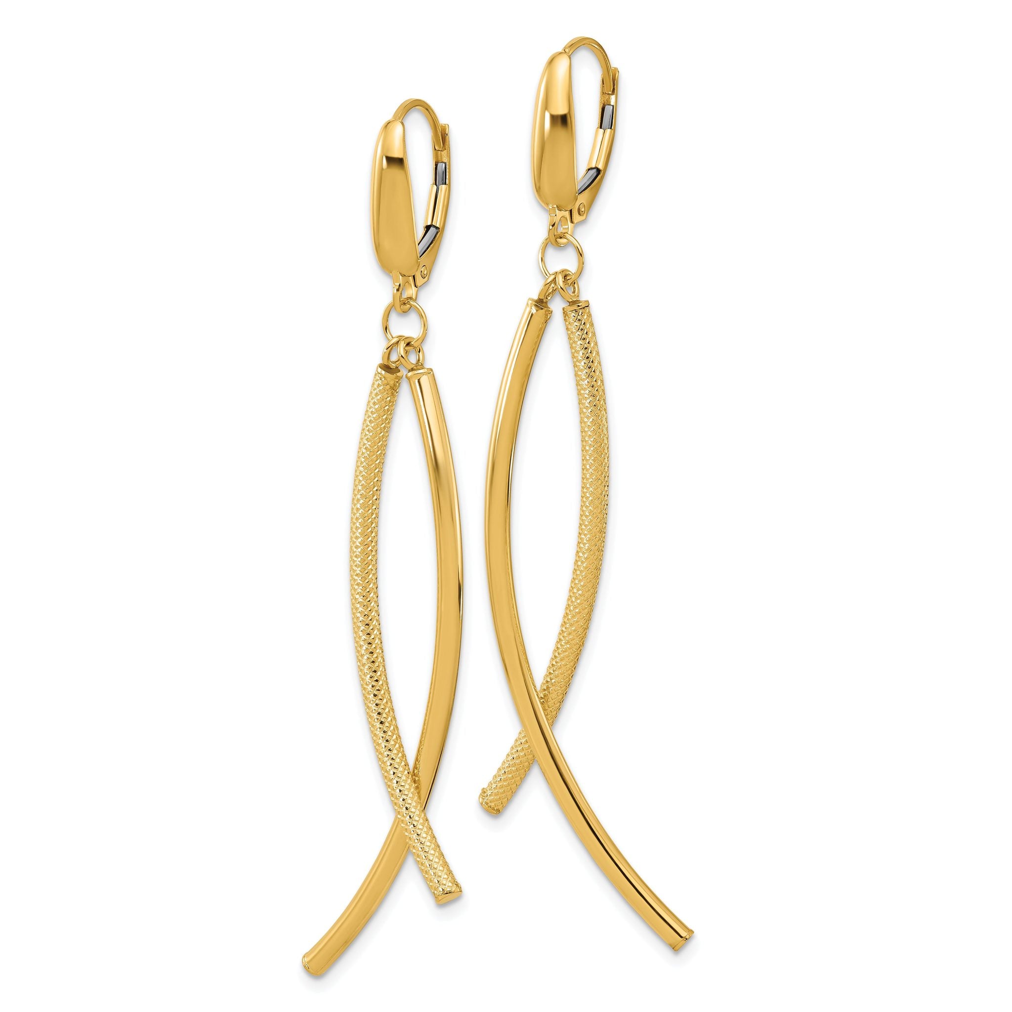 14k Polished and Textured Tube Dangle Leverback Earrings Secondary image