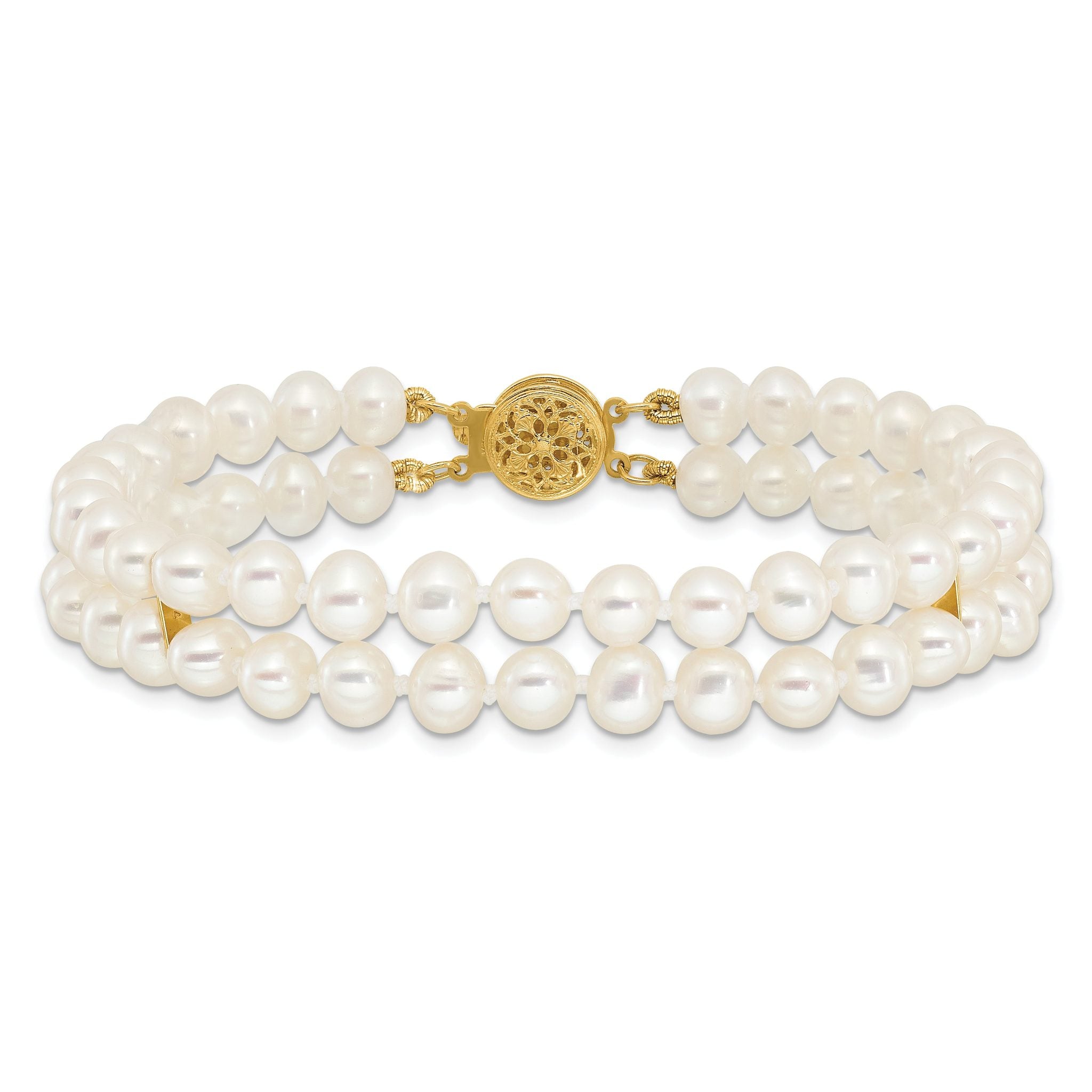 14k 5-6mm White Near Round FW Cultured Pearl 2-strand Bracelet