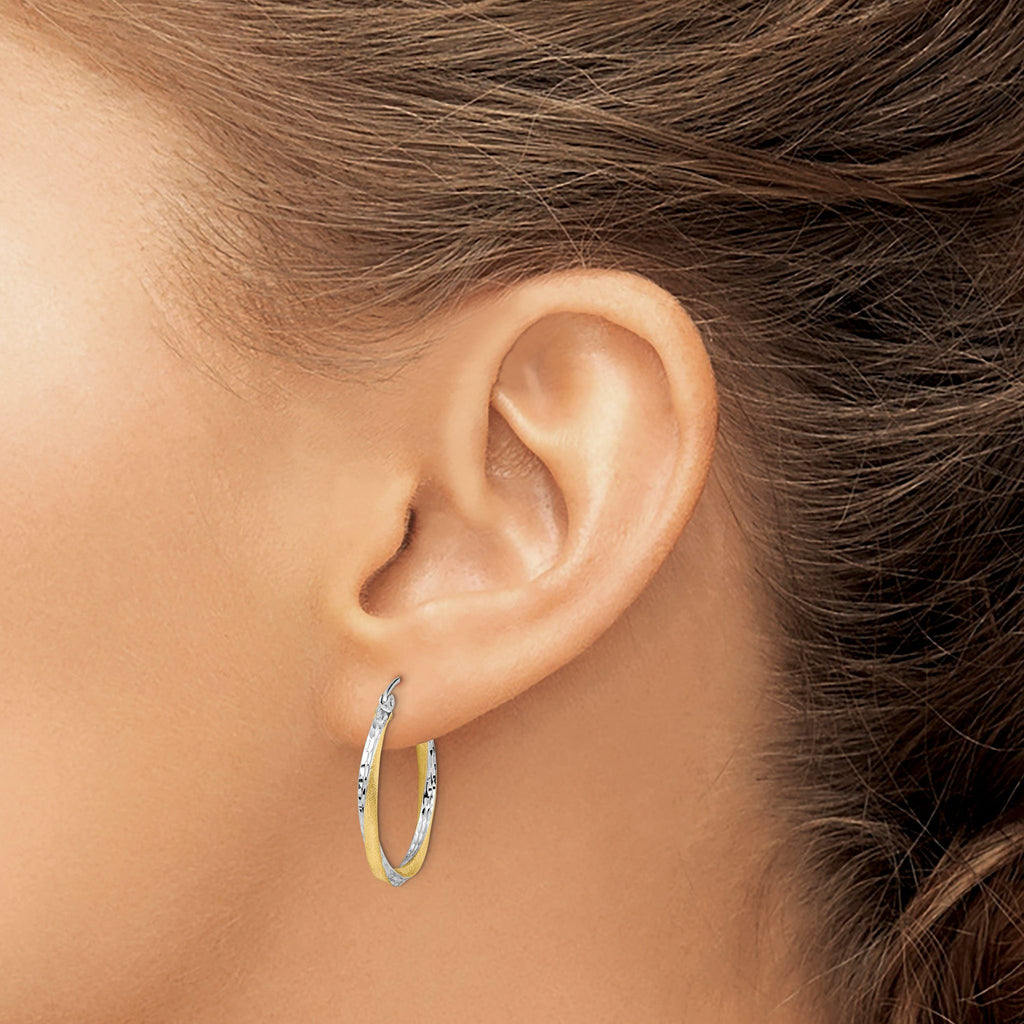 10K Gold & Rhodium Diamond-Cut Twisted Hoop Earrings  Elegant Polished Finish