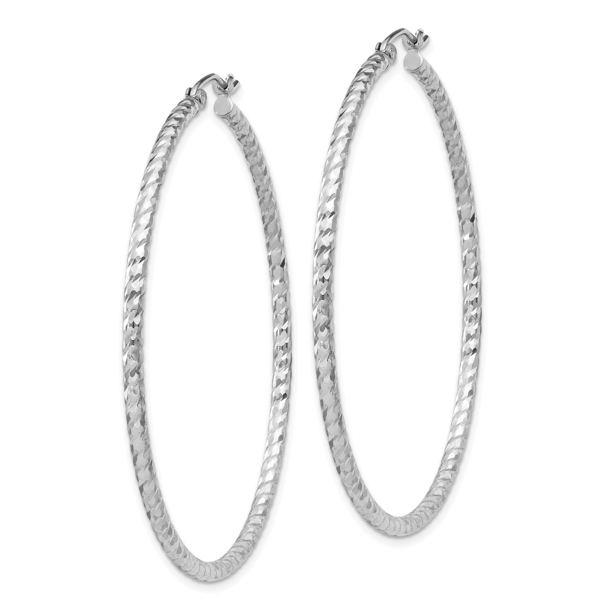 Sterling Silver Rhodium Plated Diamond-cut 2x50mm Hoop Earrings Secondary image
