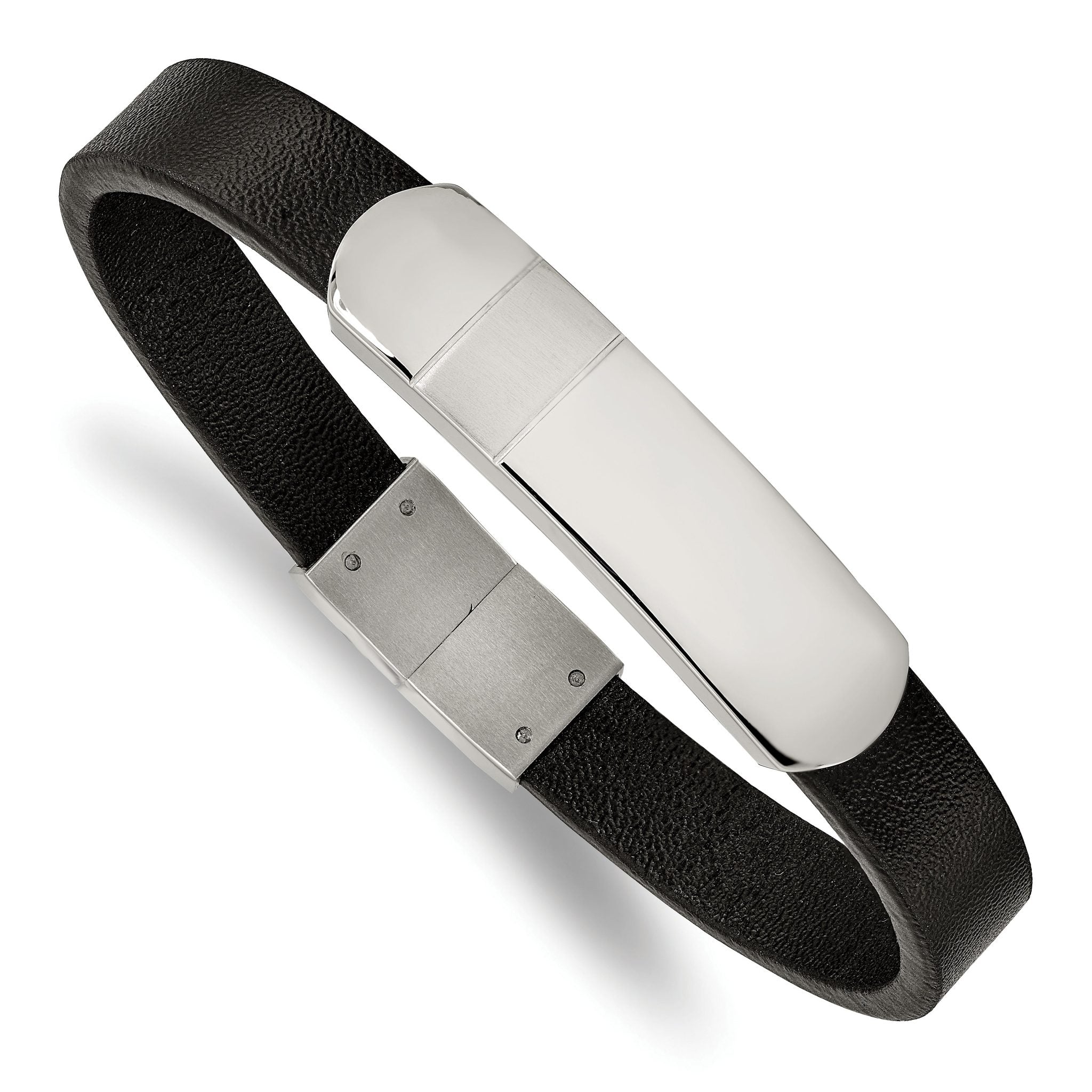 Stainless Steel Brushed and Polished Black Leather ID Bracelet for Men Secondary image