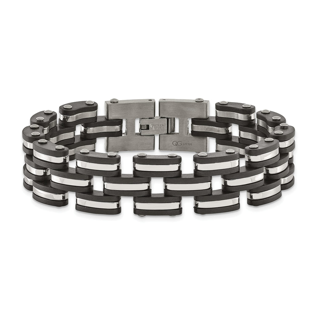 Stainless Steel Brushed and Polished with Black Rubber Link Bracelet for Men