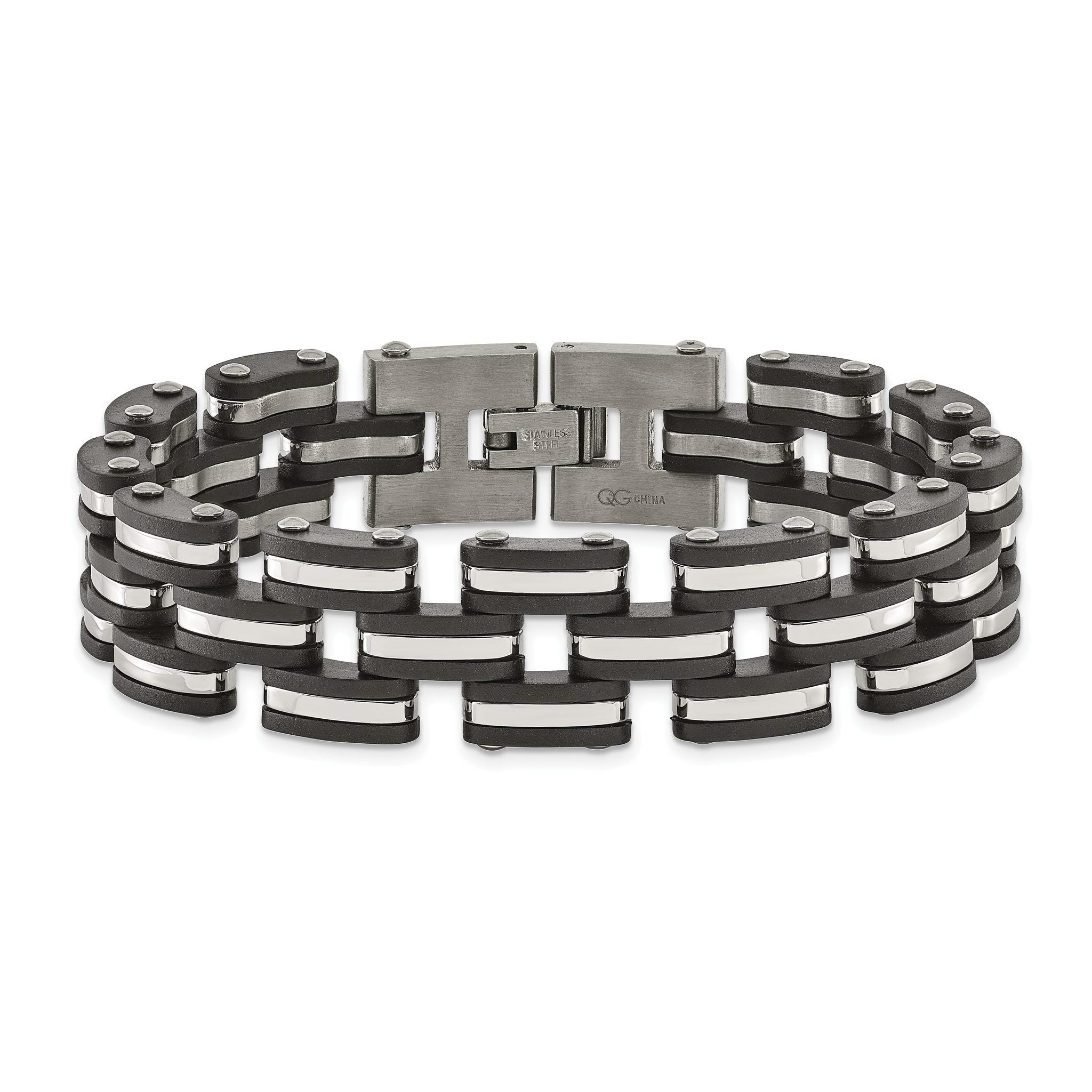 Stainless Steel Brushed and Polished with Black Rubber Link Bracelet for Men