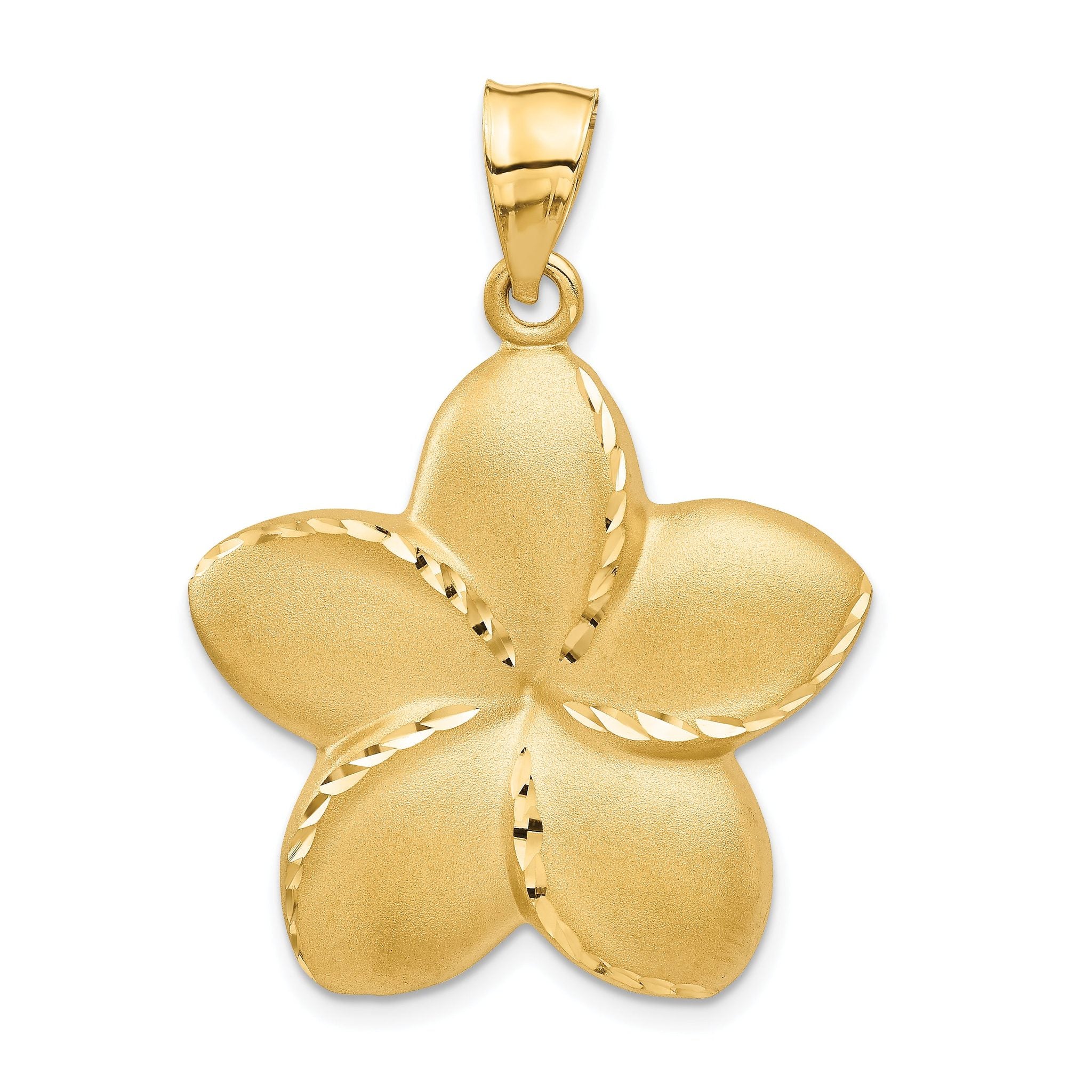 14K Gold Satin Diamond-Cut Plumeria Pendant Elegant Open Back Design Main image
