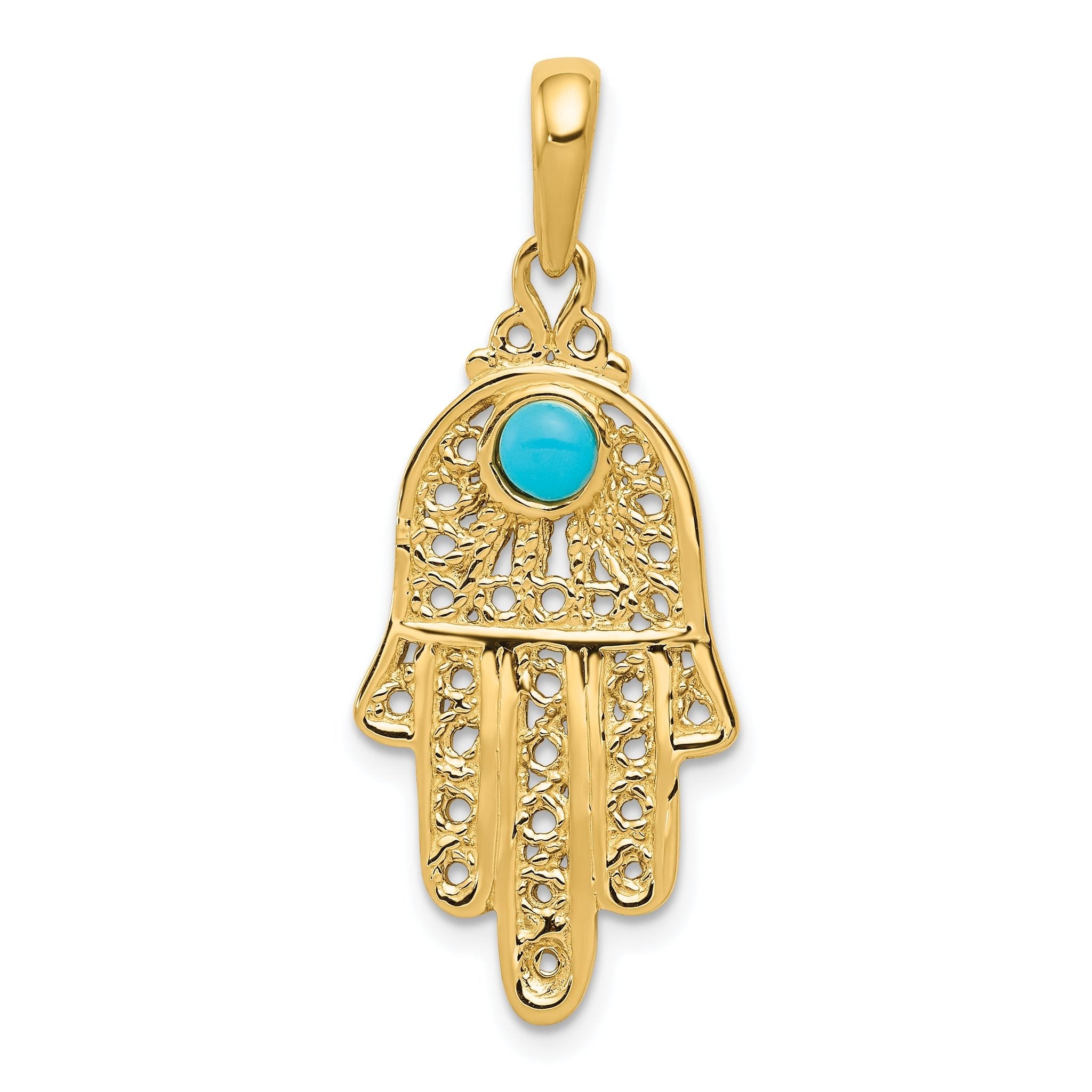 14K Gold Turquoise Chamseh Pendant with Filigree Design, 35mm Vintage Elegance