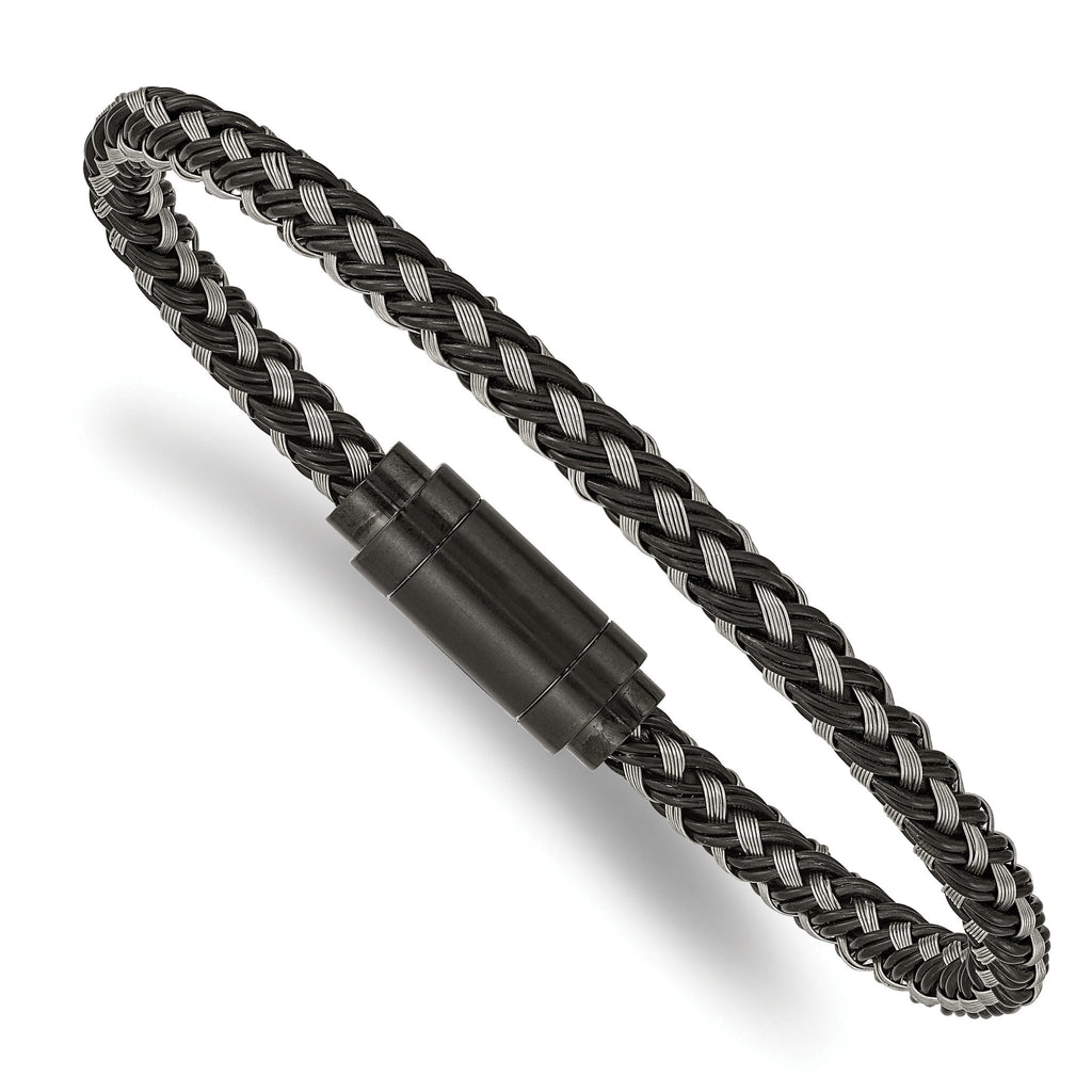 Stainless Steel Polished Black IP-plated Braided Wire and Rubber Bracelet for Men