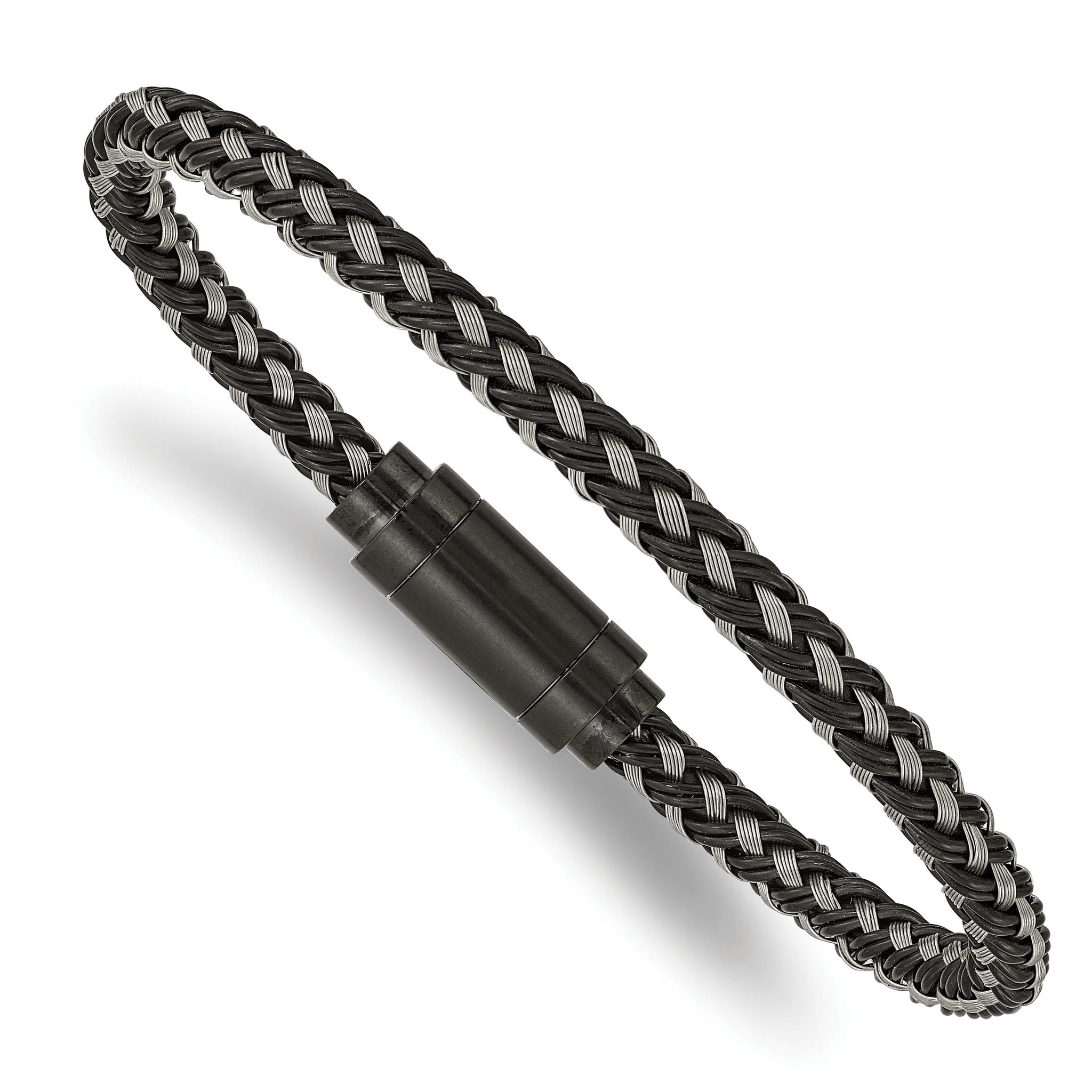 Stainless Steel Polished Black IP-plated Braided Wire and Rubber Bracelet for Men