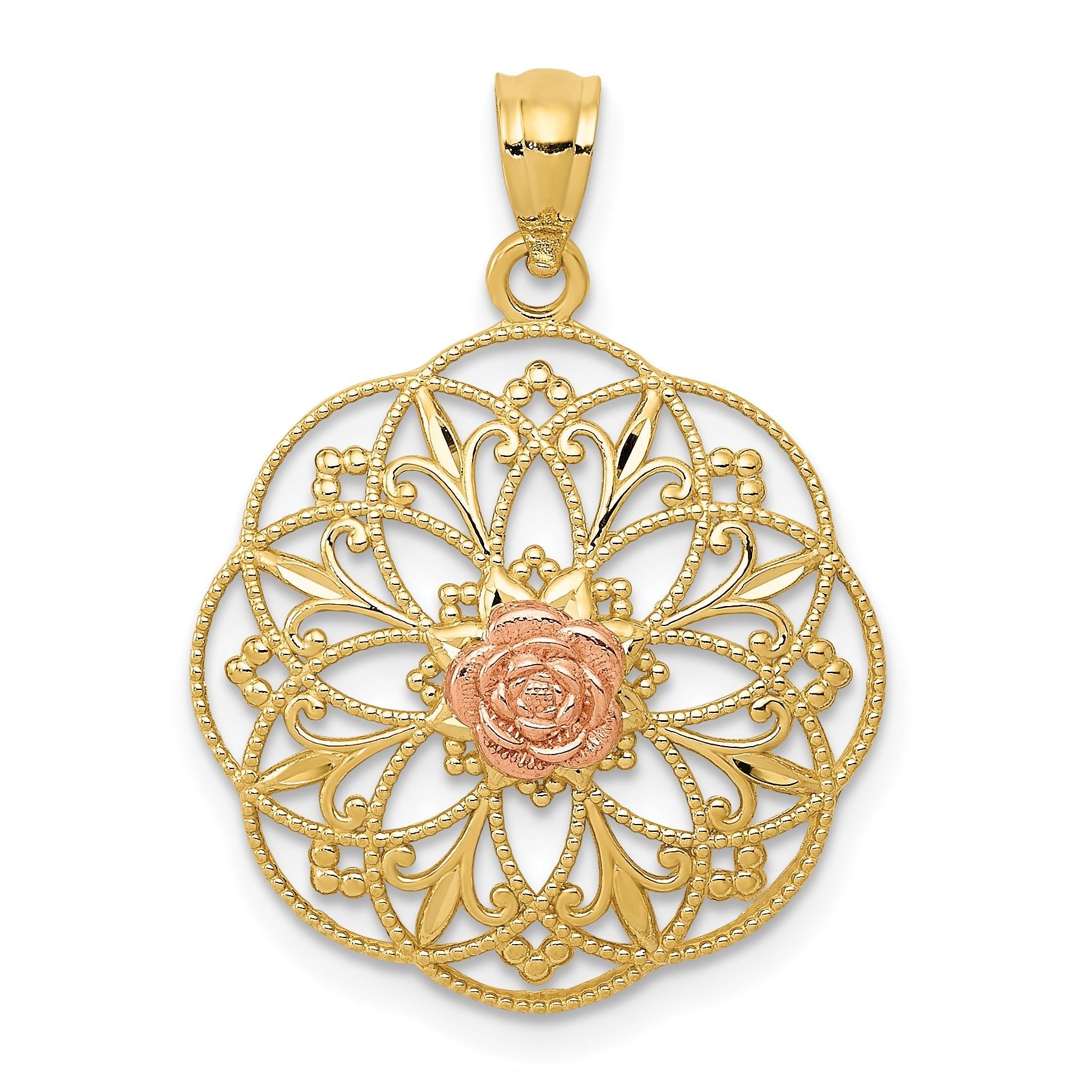 14K Two-Tone Gold Filigree Charm with Polished Rose Finish Elegant Design Main image