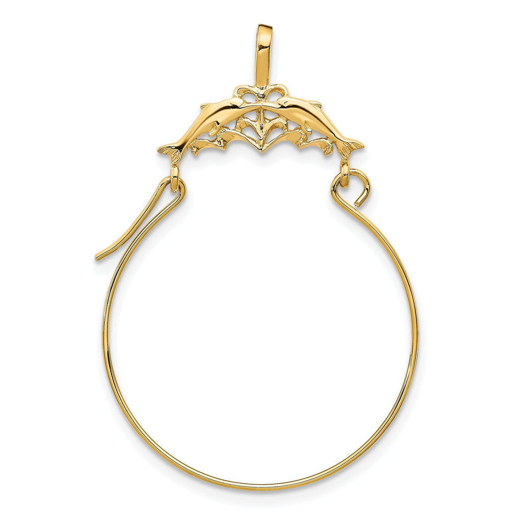 14K Gold Double Dolphins Charm Holder Pendant  Solid, Casted, Elegant Design