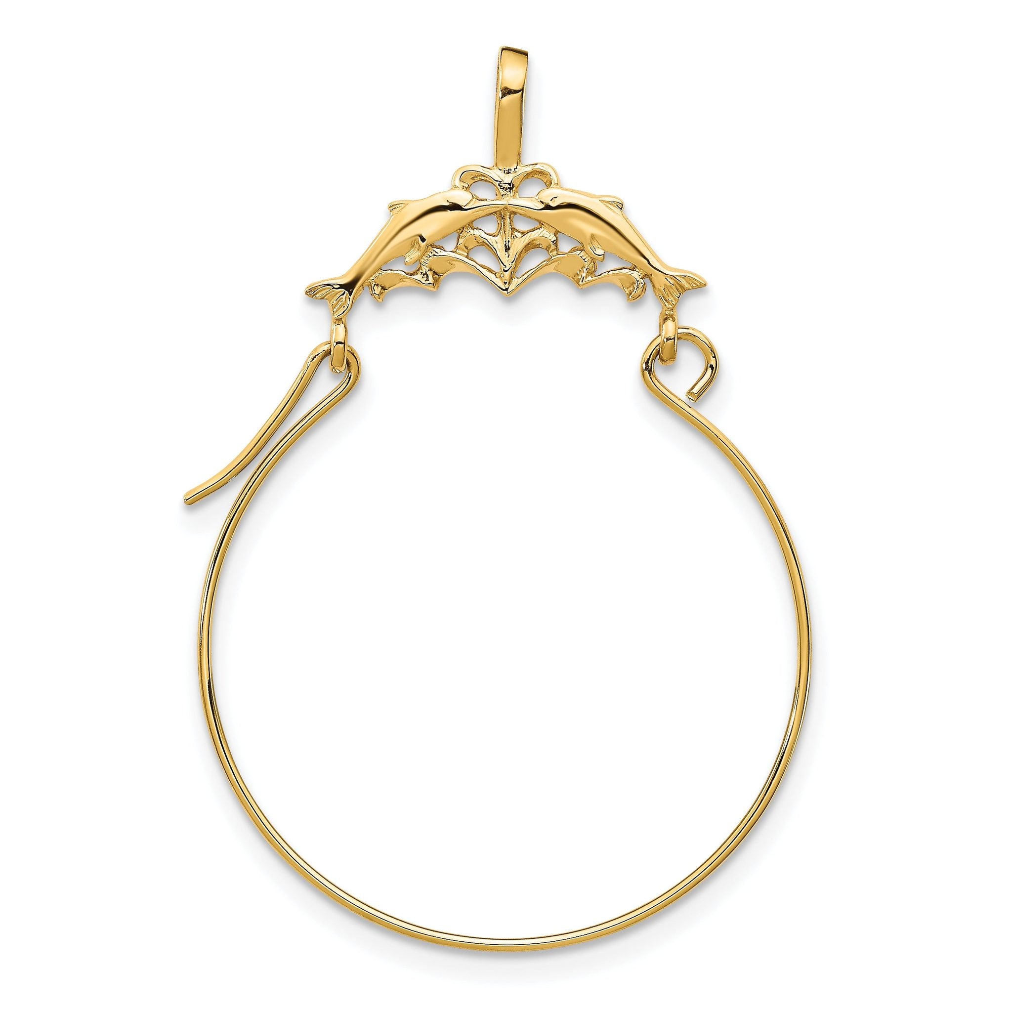 14K Gold Double Dolphins Charm Holder Pendant  Solid, Casted, Elegant Design