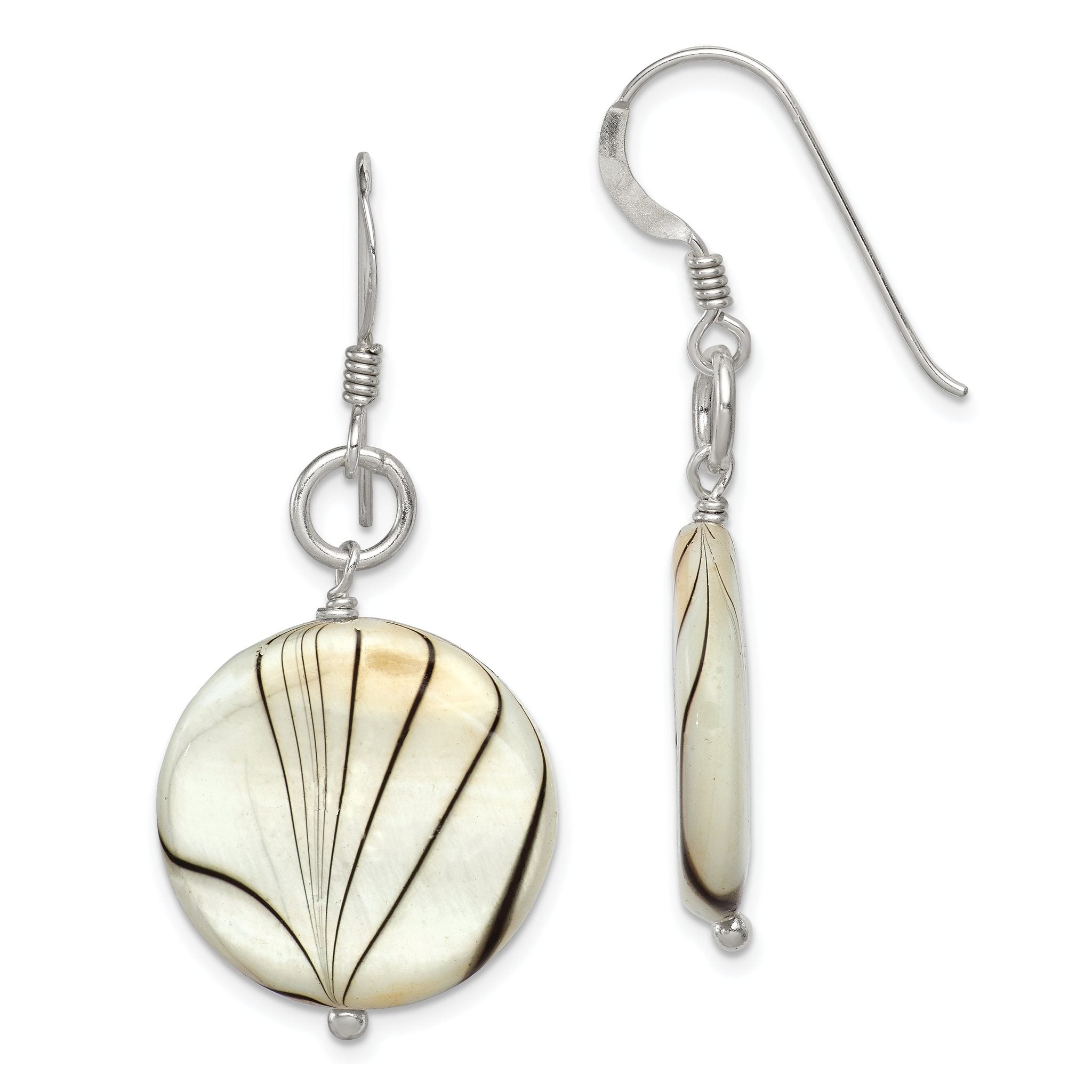 Sterling Silver Polished Zebra Mother of Pearl Disc Dangle Earrings Main image