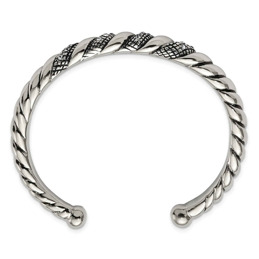 Stainless Steel Polished and Antiqued with Crystal Cuff Bangle Bracelet for Women
