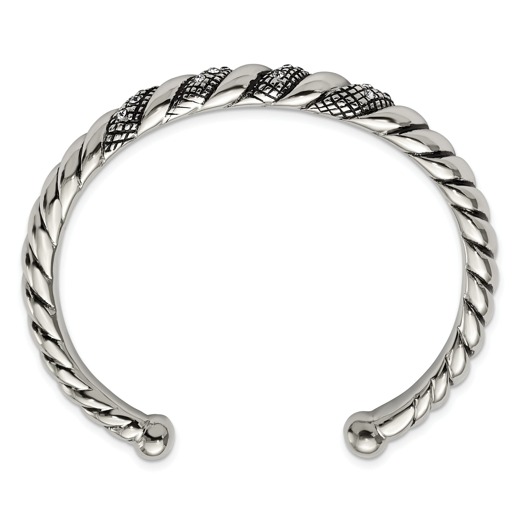 Stainless Steel Polished and Antiqued with Crystal Cuff Bangle Bracelet for Women