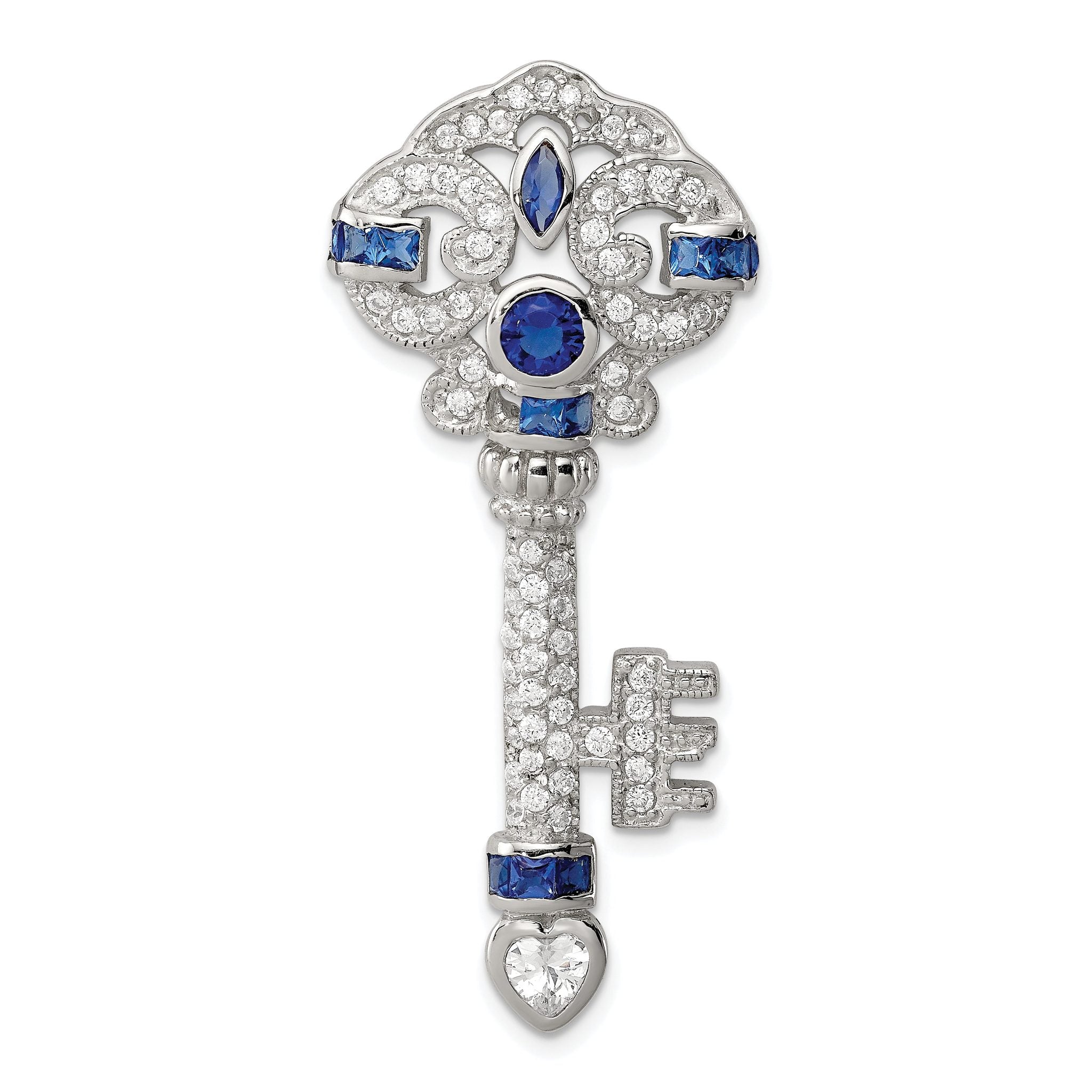 Sterling Silver Rhodium-plated Blue and Clear CZ Key Slide Main image