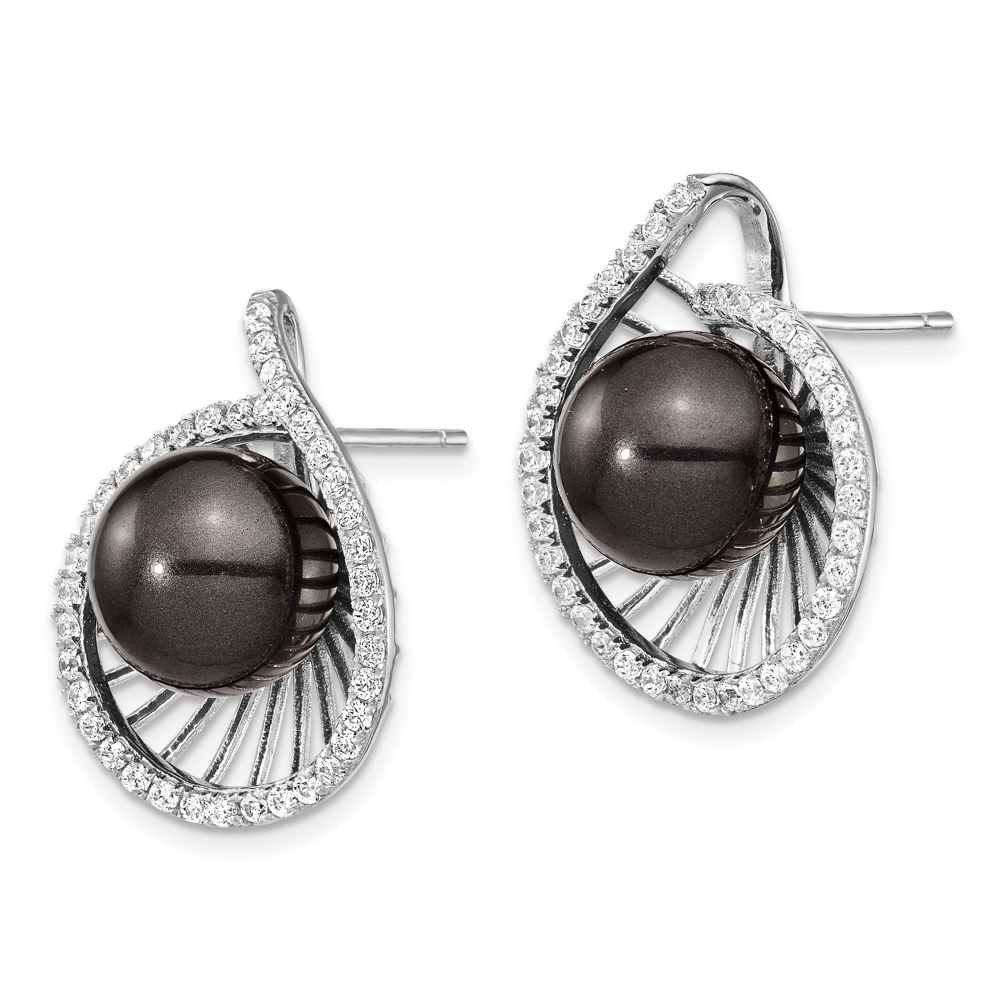 Sophia Jewelers Sterling Silver Rhodium-Plated Black Pearl CZ Drop Earrings