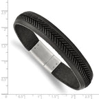 Stainless Steel Polished Textured Black Italian Leather Bracelet for Men
