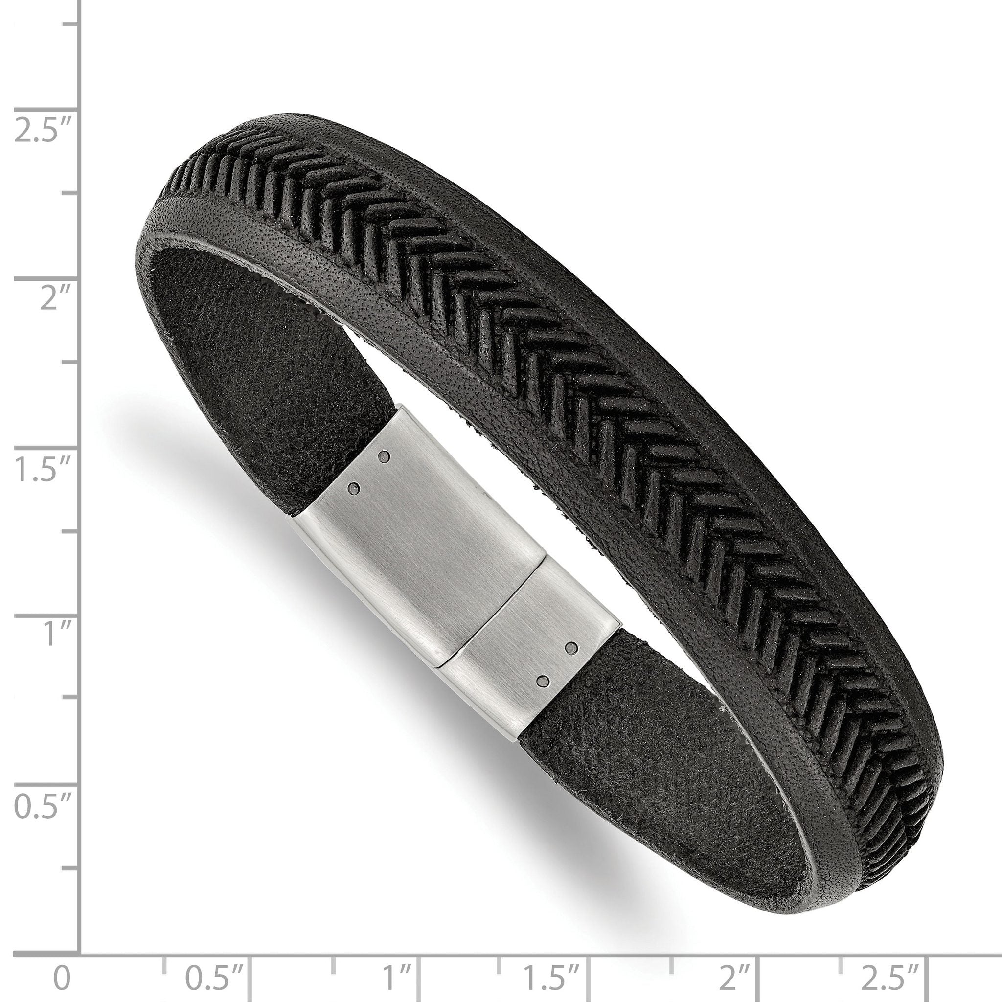 Stainless Steel Polished Textured Black Italian Leather Bracelet for Men