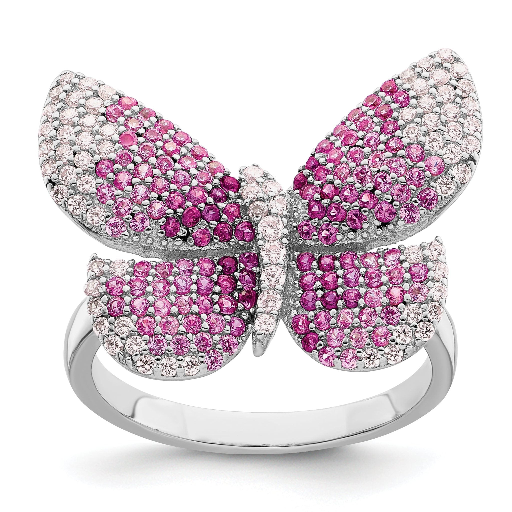 Sterling Silver Rhodium-plated Polished Pink CZ Butterfly Ring Main image
