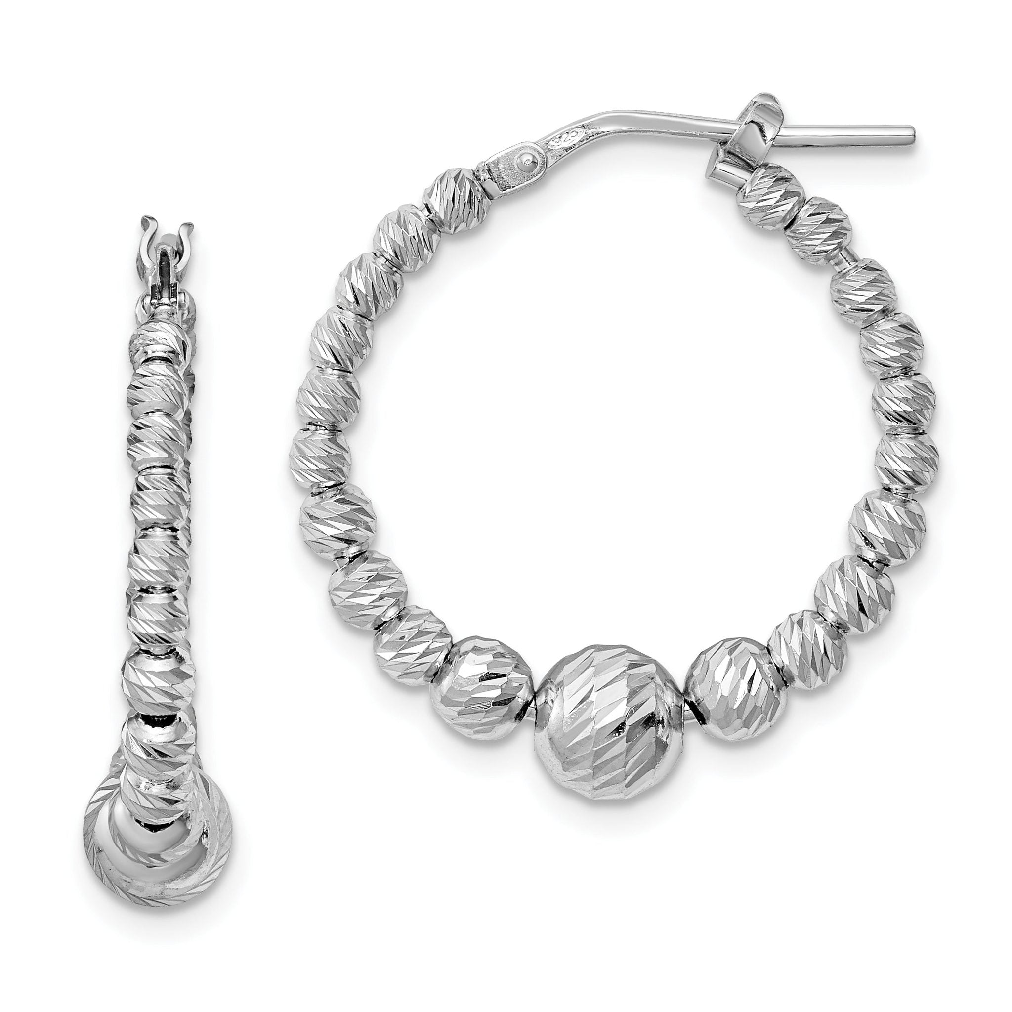 Sterling Silver Rhodium-Plated Beaded Hoop Earrings with Diamond-Cut Finish