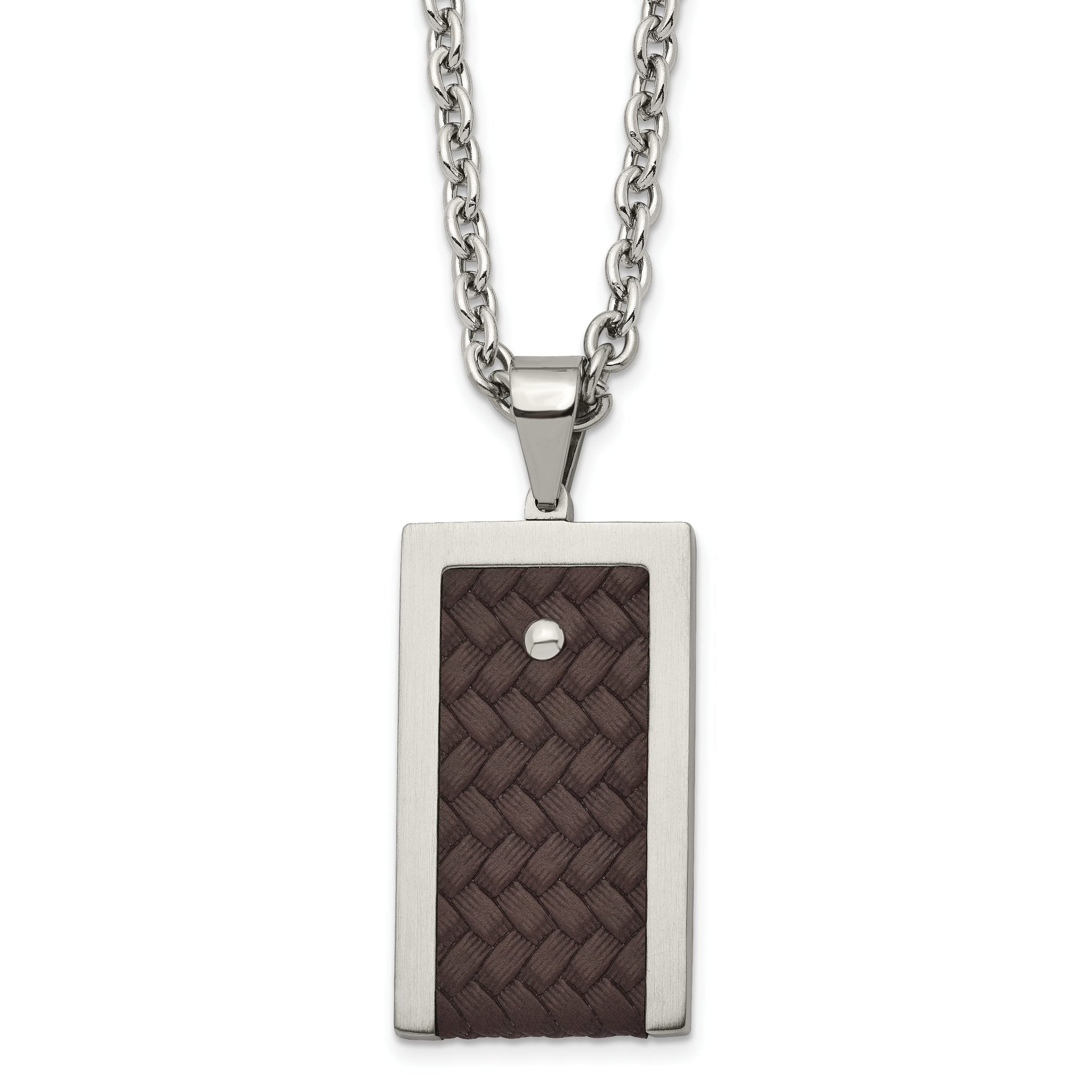 Stainless Steel Brushed & Polished Reversible w/Brown Leather Necklace Main image