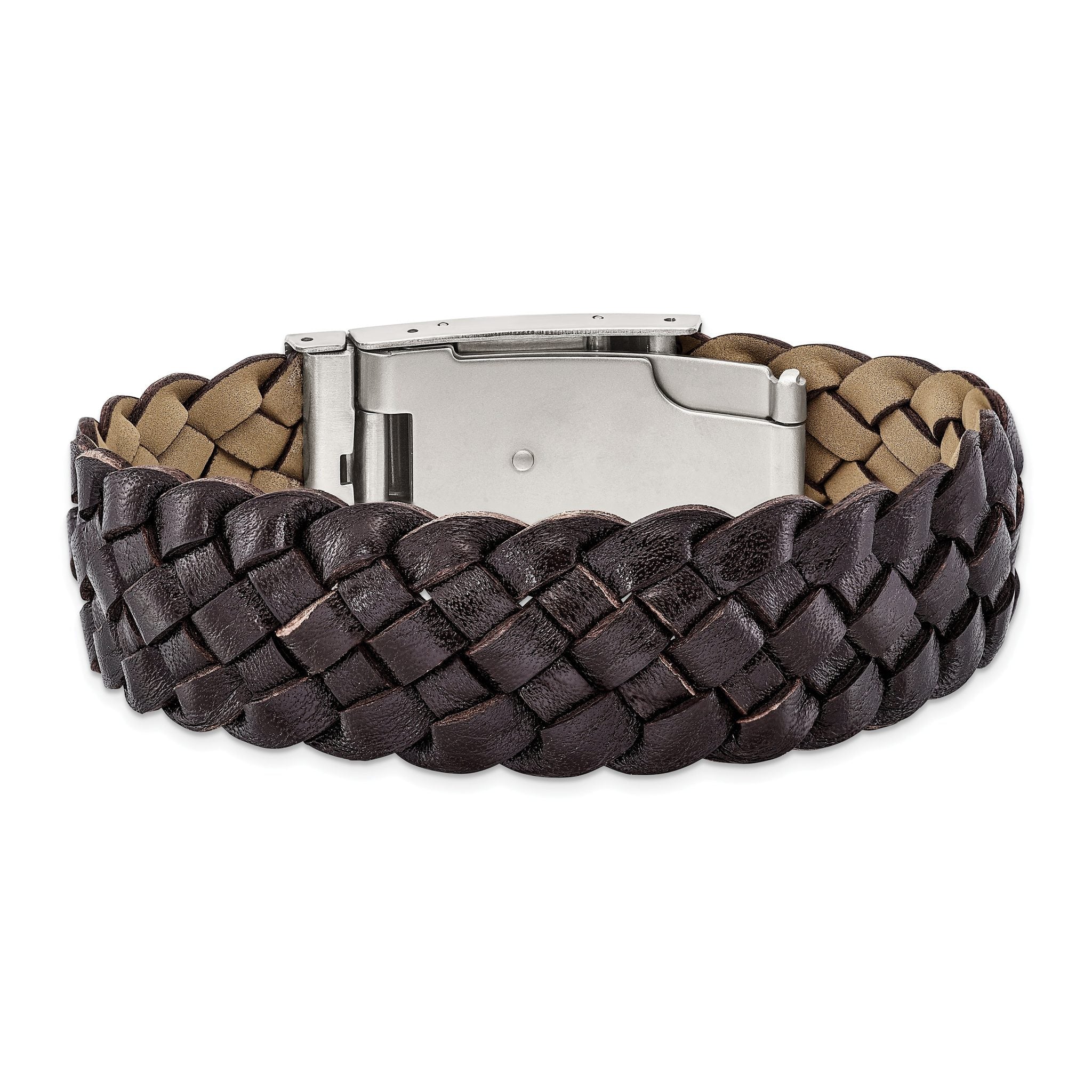 Stainless Steel Brushed Brown Leather ID Bracelet for Men