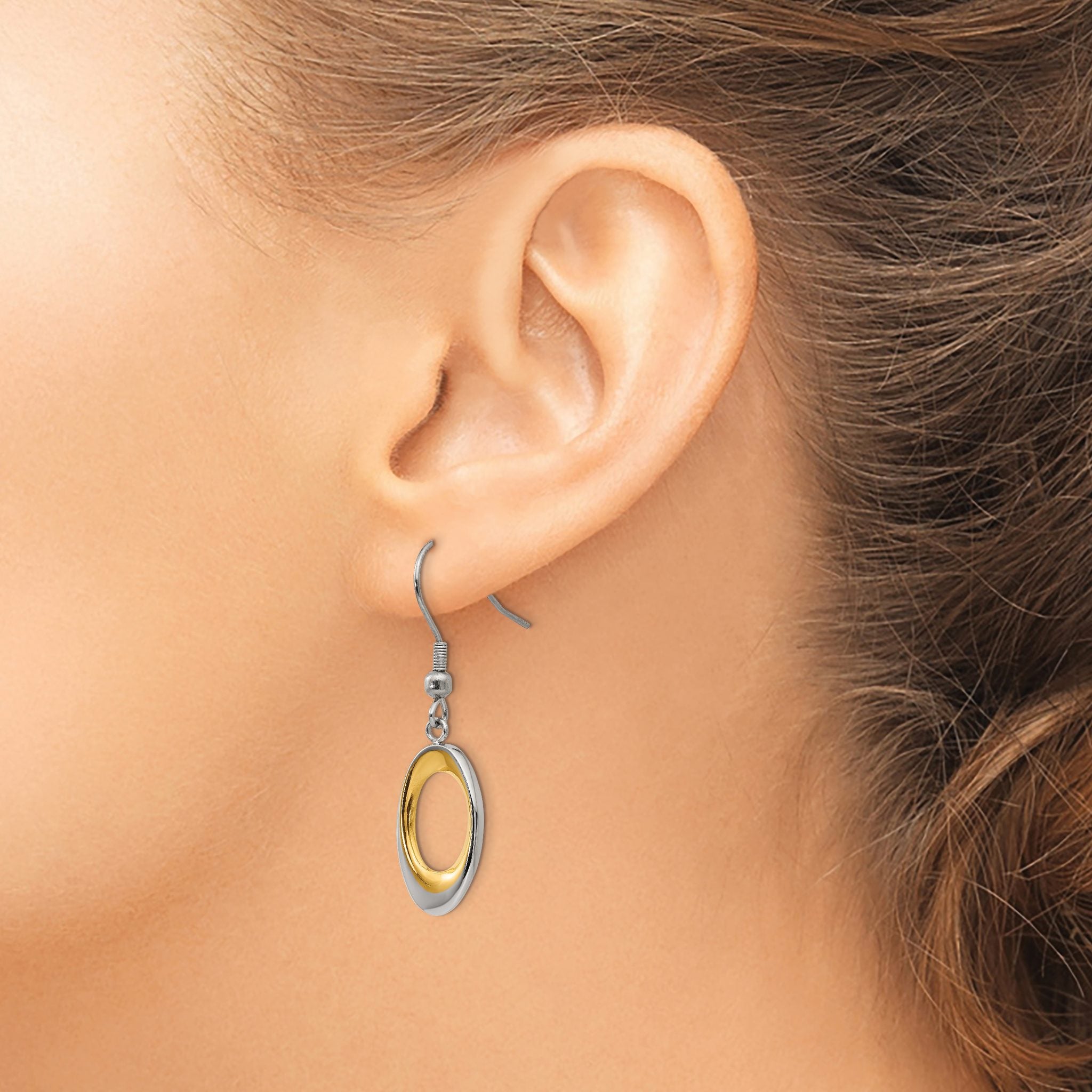 Stainless Steel Gold-Tone Polished Oval Drop Dangle Earrings for Women