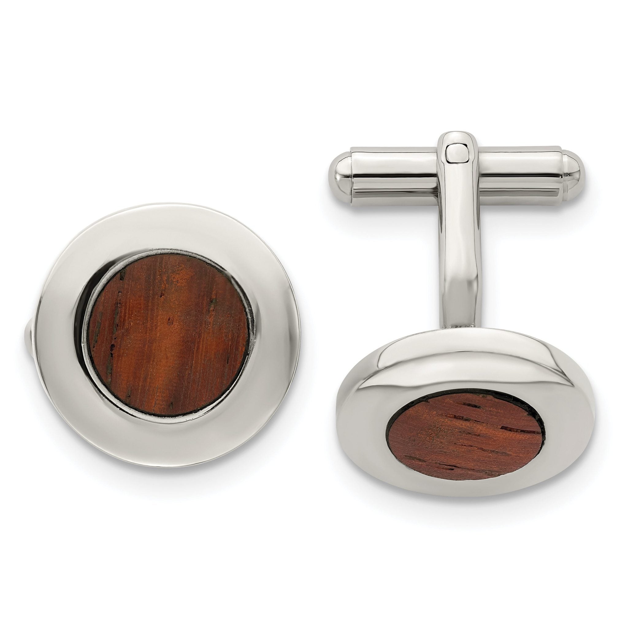 Koa Wood Inlay Circle Cufflinks in Stainless Steel