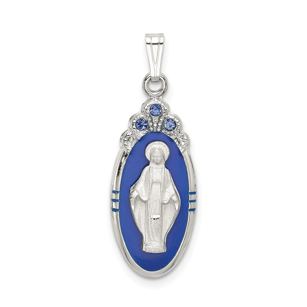 Sterling Silver Crystal Blue Miraculous Medal Pendant Platinum Plated Elegance