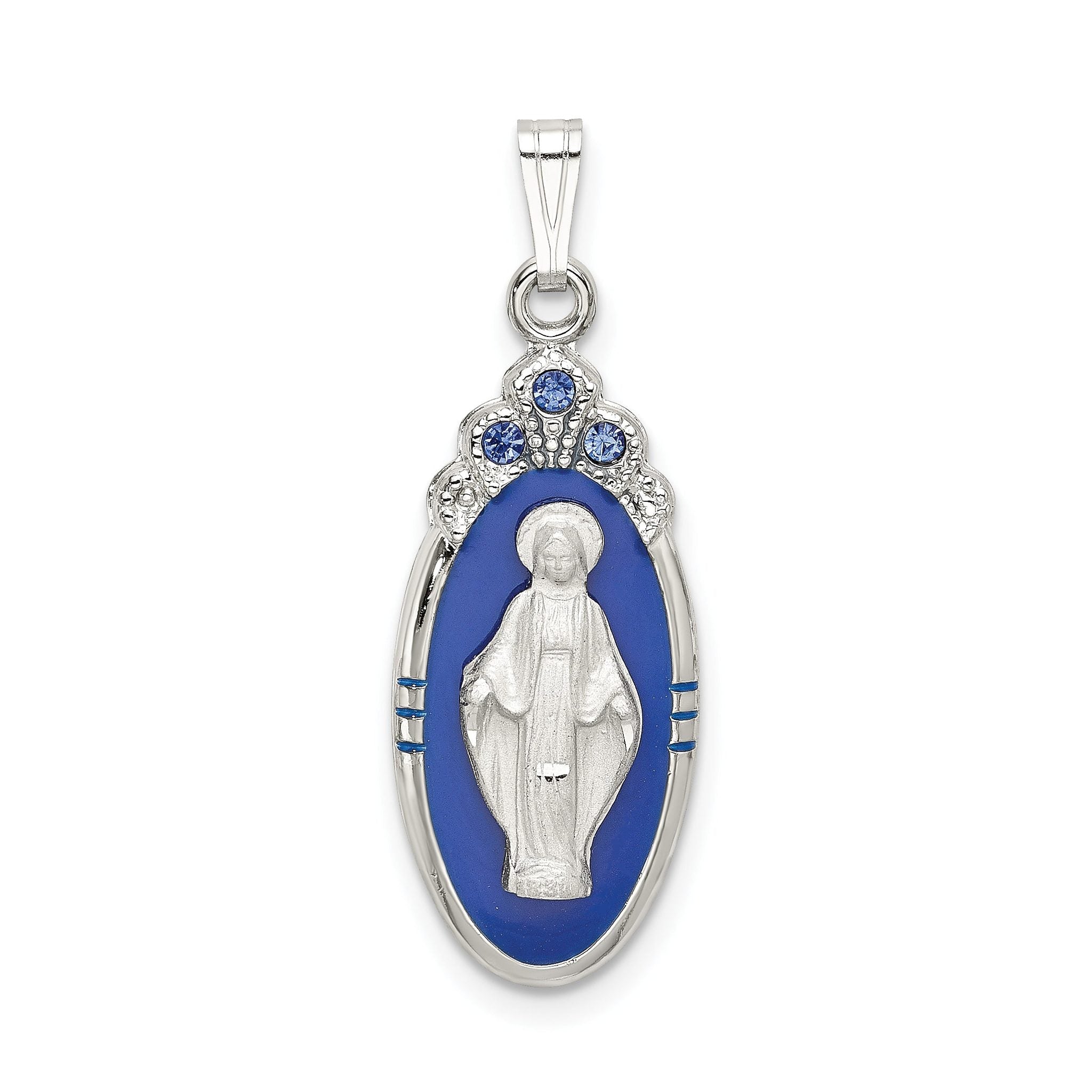 Sterling Silver Crystal Blue Miraculous Medal Pendant Platinum Plated Elegance