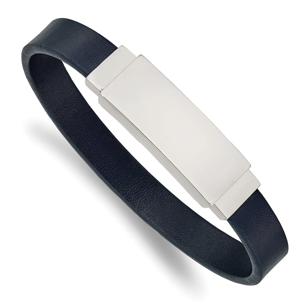 Stainless Steel Polished Navy Blue Leather ID Bracelet for Men