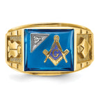 14k Two-tone Men's Polished and Textured with Lab Created Sapphire and Diamond Blue Lodge Master Masonic Ring