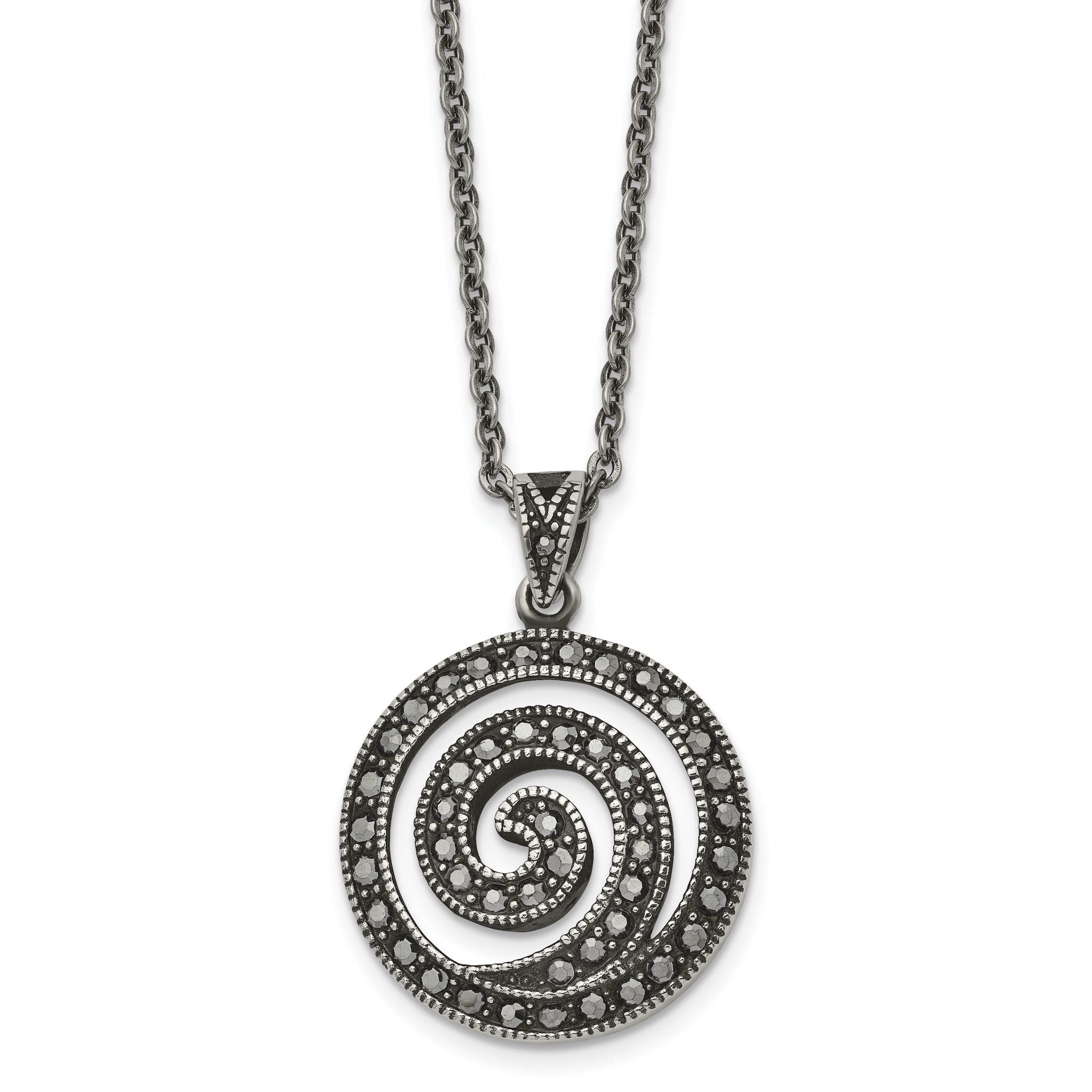Chisel Stainless Steel Antiqued and Polished Marcasite Swirl Pendant on an 18 inch Cable Chain Necklace Main image