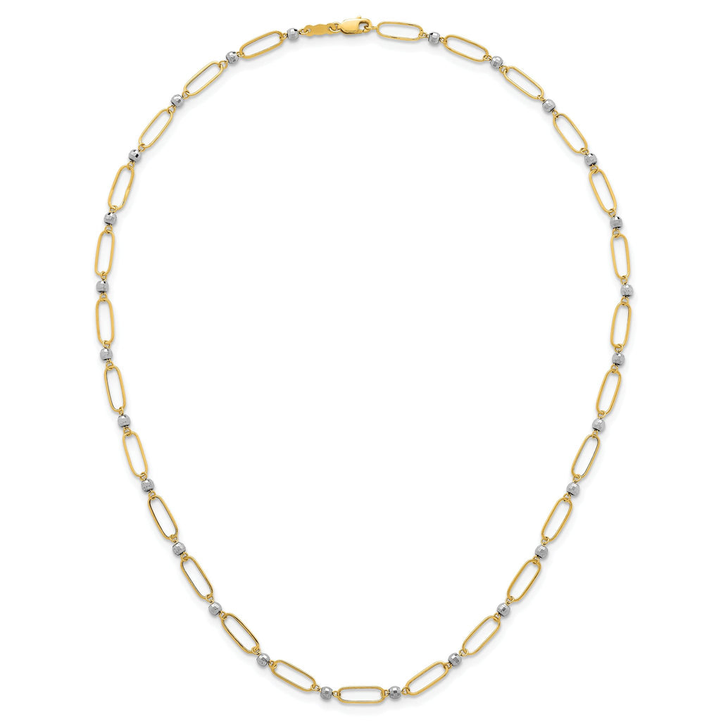 14k Two-tone Polished Paperclip Links and Faceted Beads 18 inch Necklace