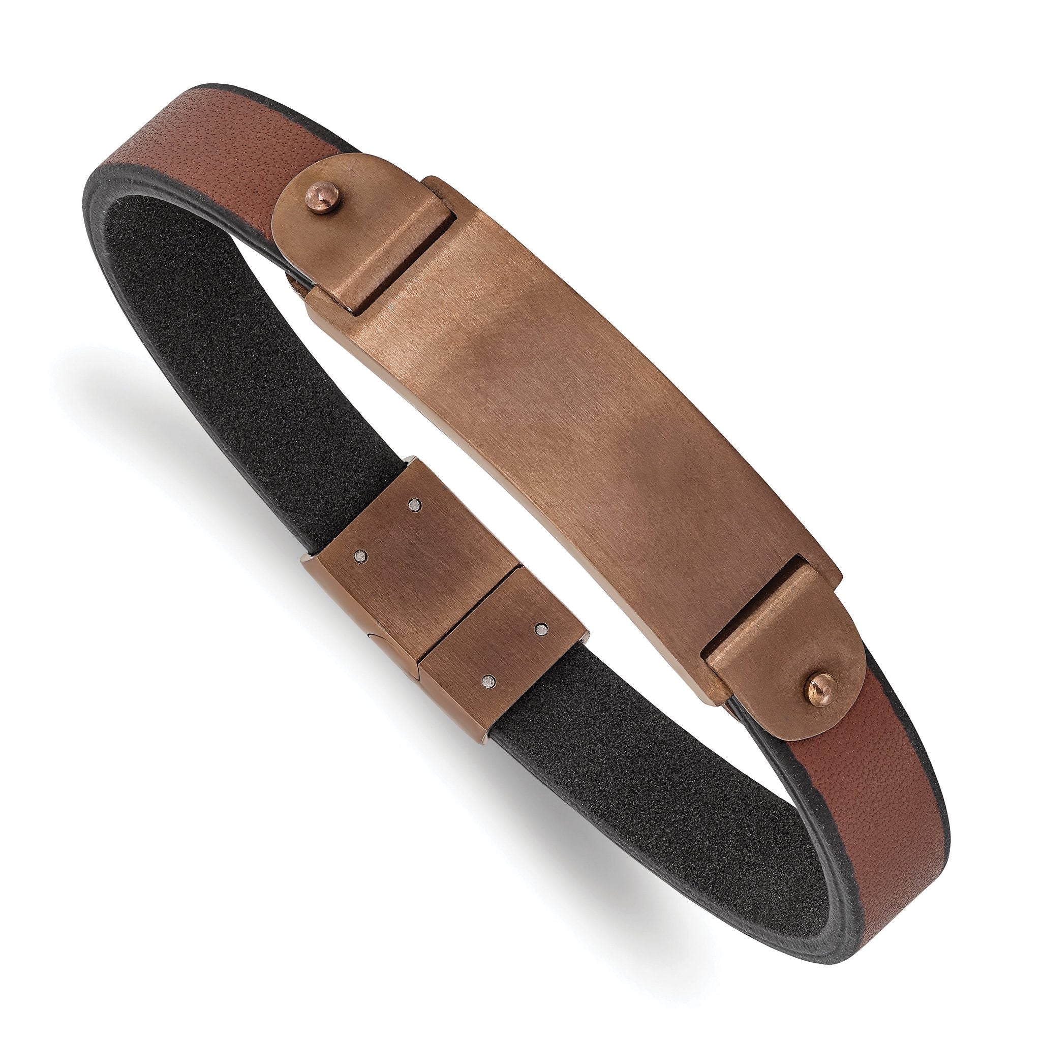 Stainless Steel Brushed Brown IP-plated Brown Leather ID Bracelet for Men