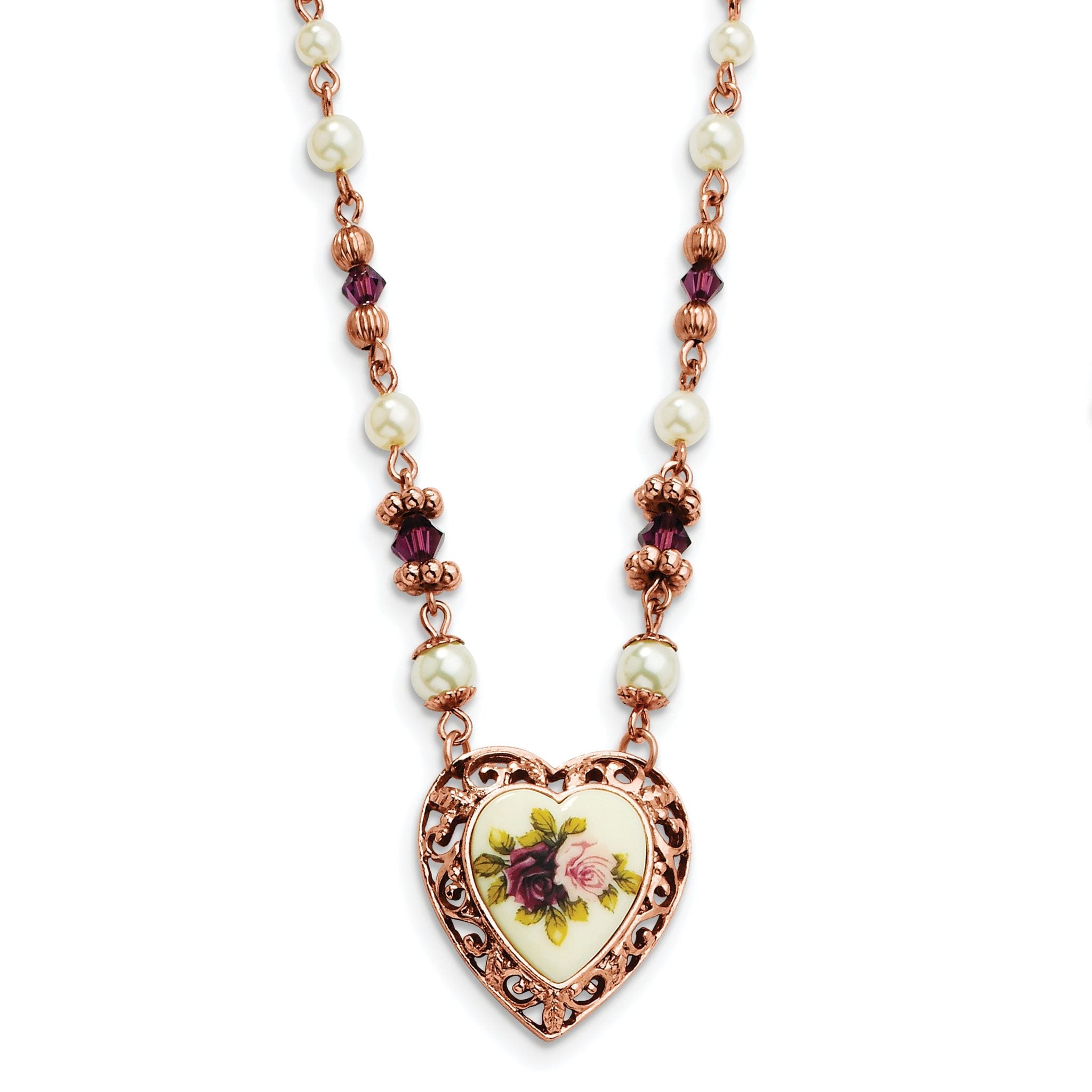 1928 Jewelry Rose-tone Heart Filigree Frame Purple Faceted Crystal Bead Imitation Pearl Rose Floral Motif 15 inch Necklace Main image