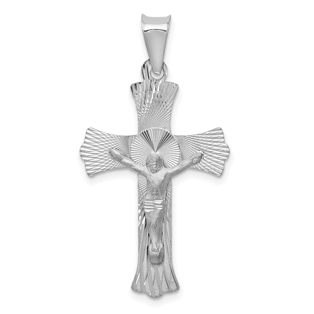 14K White Gold Crucifix Pendant with Polished Diamond-Cut Finish