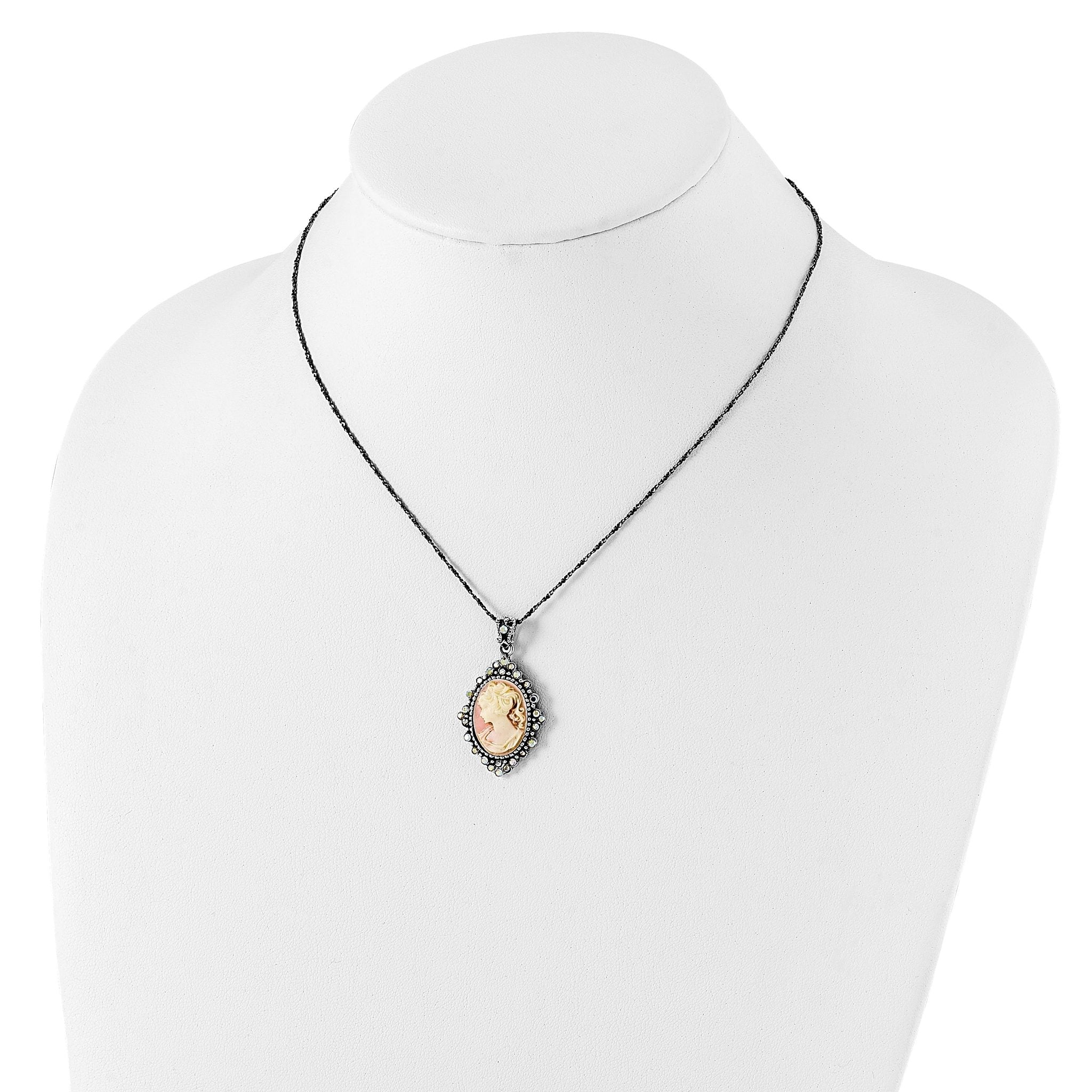 Sterling Silver 925 Women's Vintage Cameo Necklace with Crystal Accent