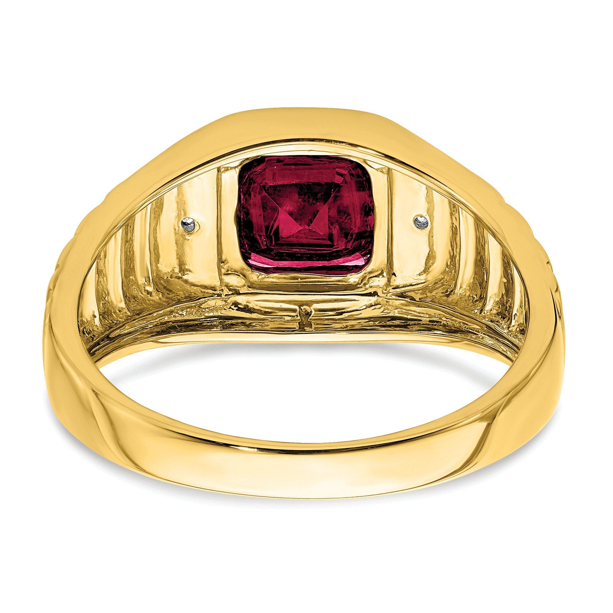14k Cushion Created Ruby and Diamond Mens Ring