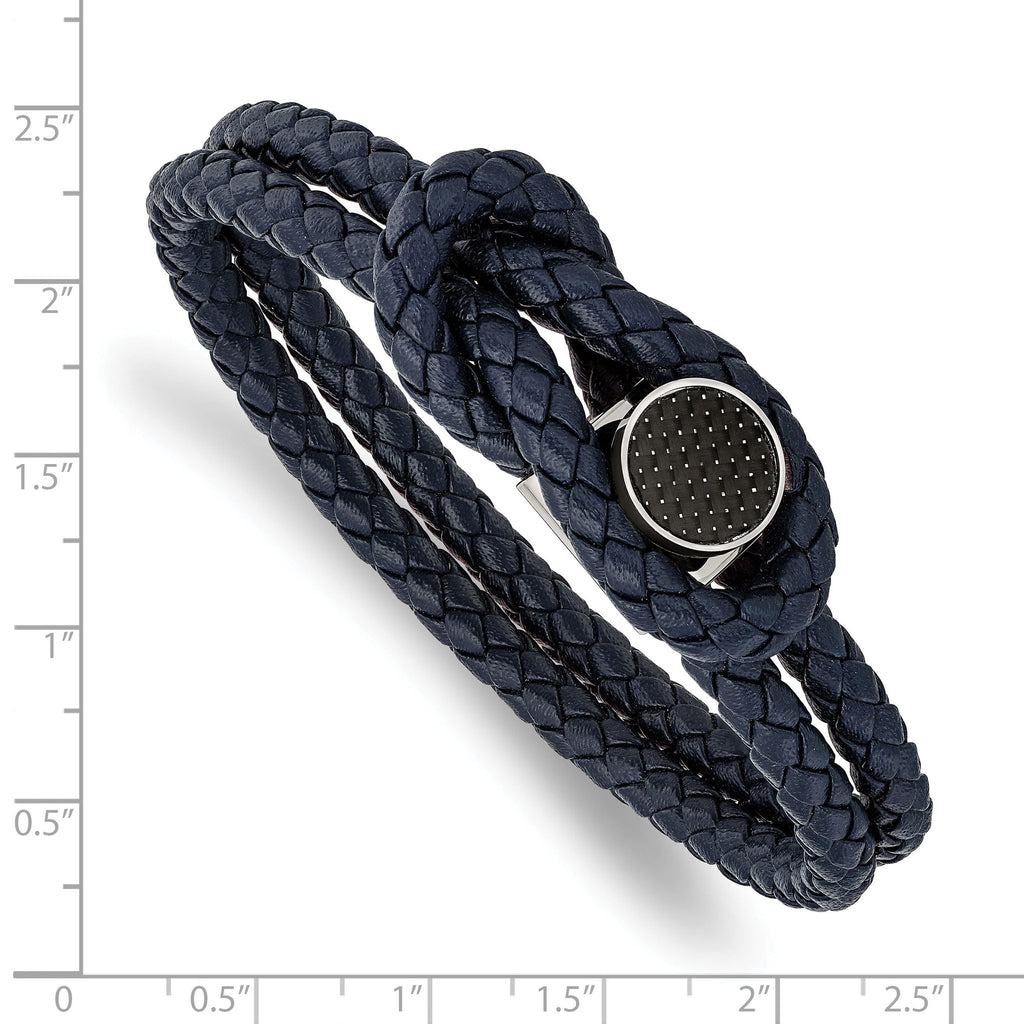 Stainless Steel Polished with Black Carbon Fiber Inlay Navy Blue Braided Leather Bracelet for Men