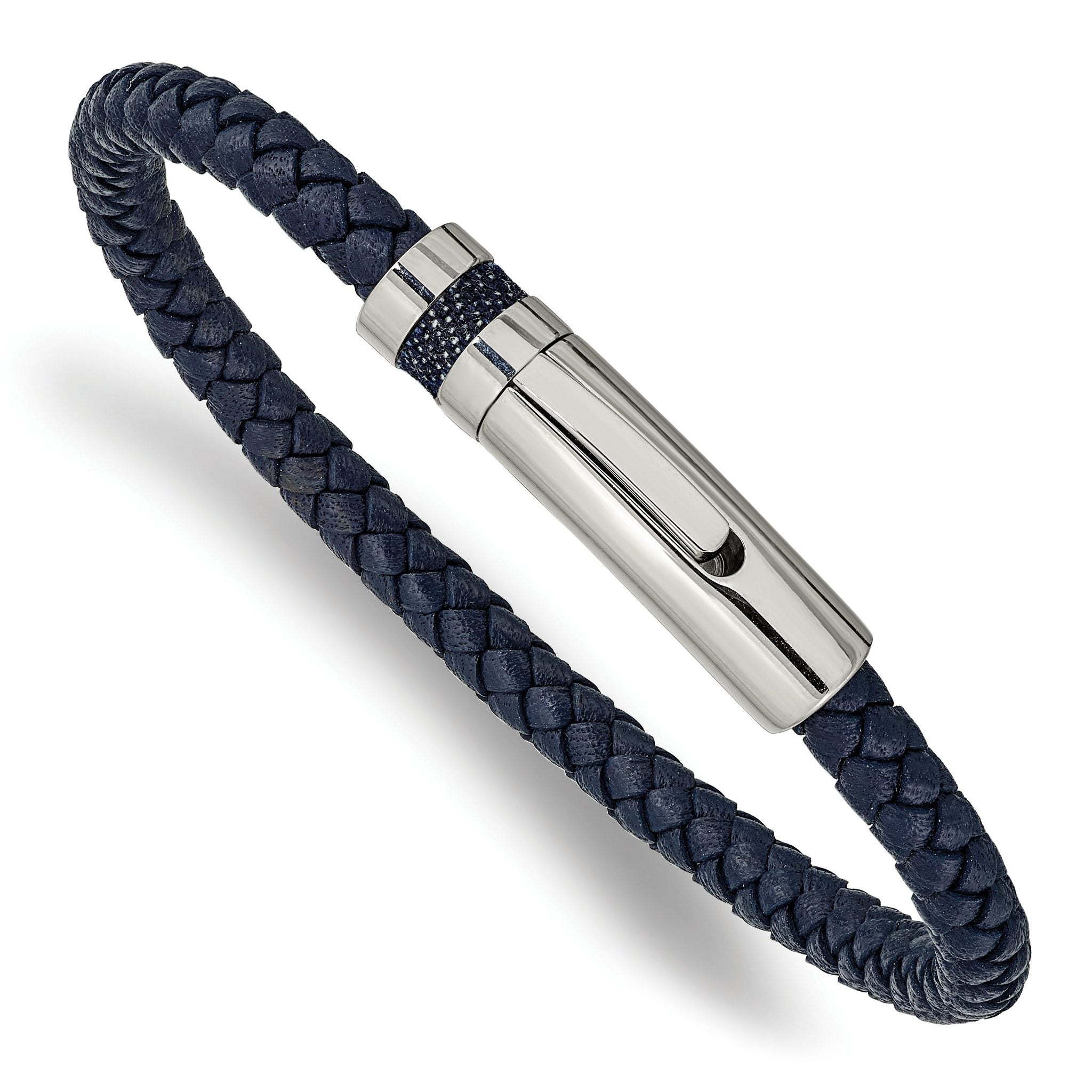 Stainless Steel Polished Blue Braided Leather Bracelet for Men Main image