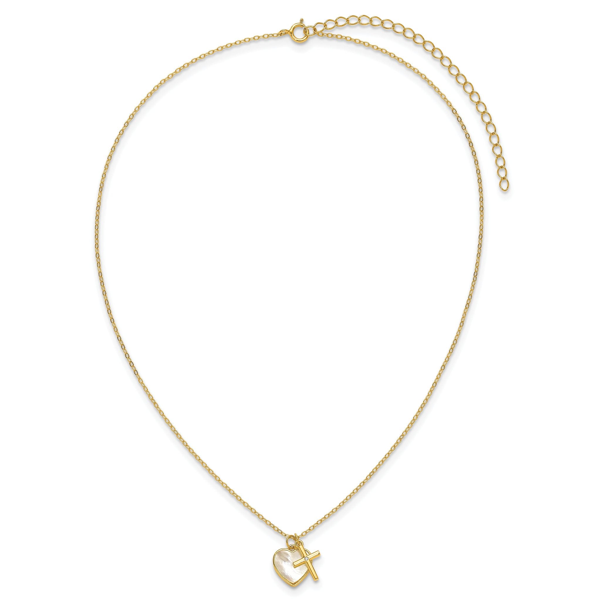 Sterling Silver Gold-tone Polished Mother of Pearl Heart and CZ Cross 14 Inch with 3 Inch Extension Children's Necklace