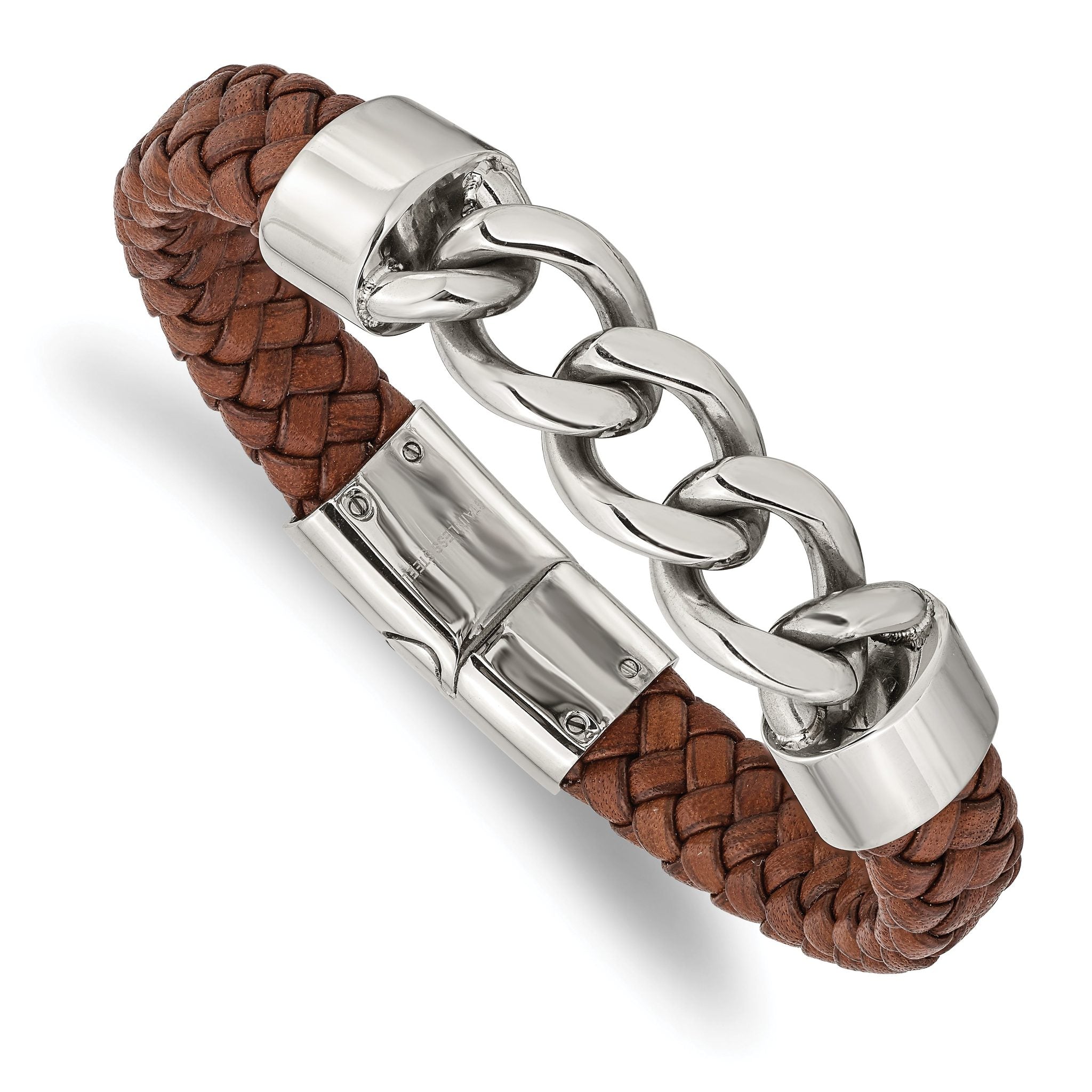 Stainless Steel Polished Chain and Braided Brown Leather Bracelet