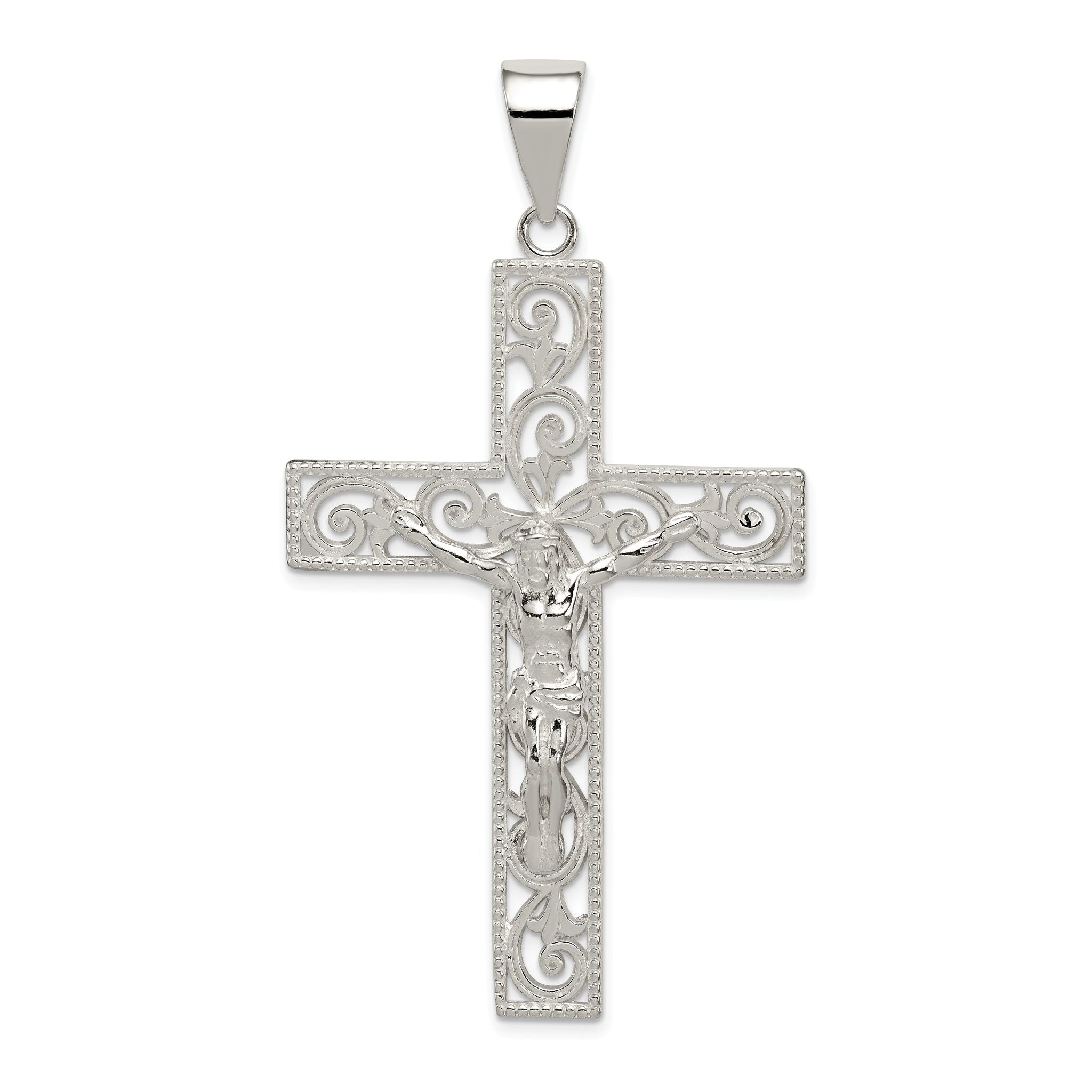 Sterling Silver Polished Beaded Filigree Crucifix Pendant Main image