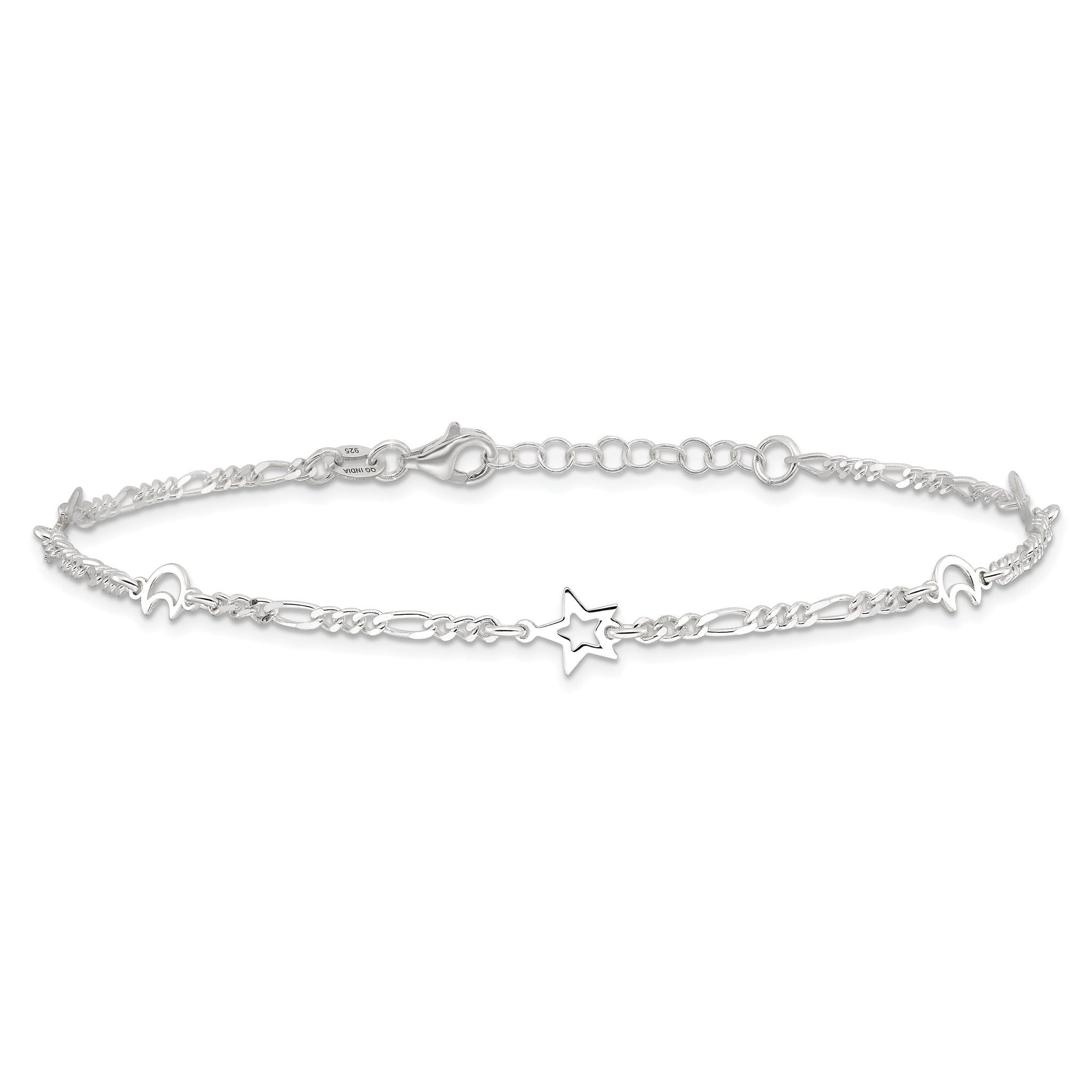 Sterling Silver Moon and Star 9 inch Plus 1 inch Extender - Total 10 inch Anklet