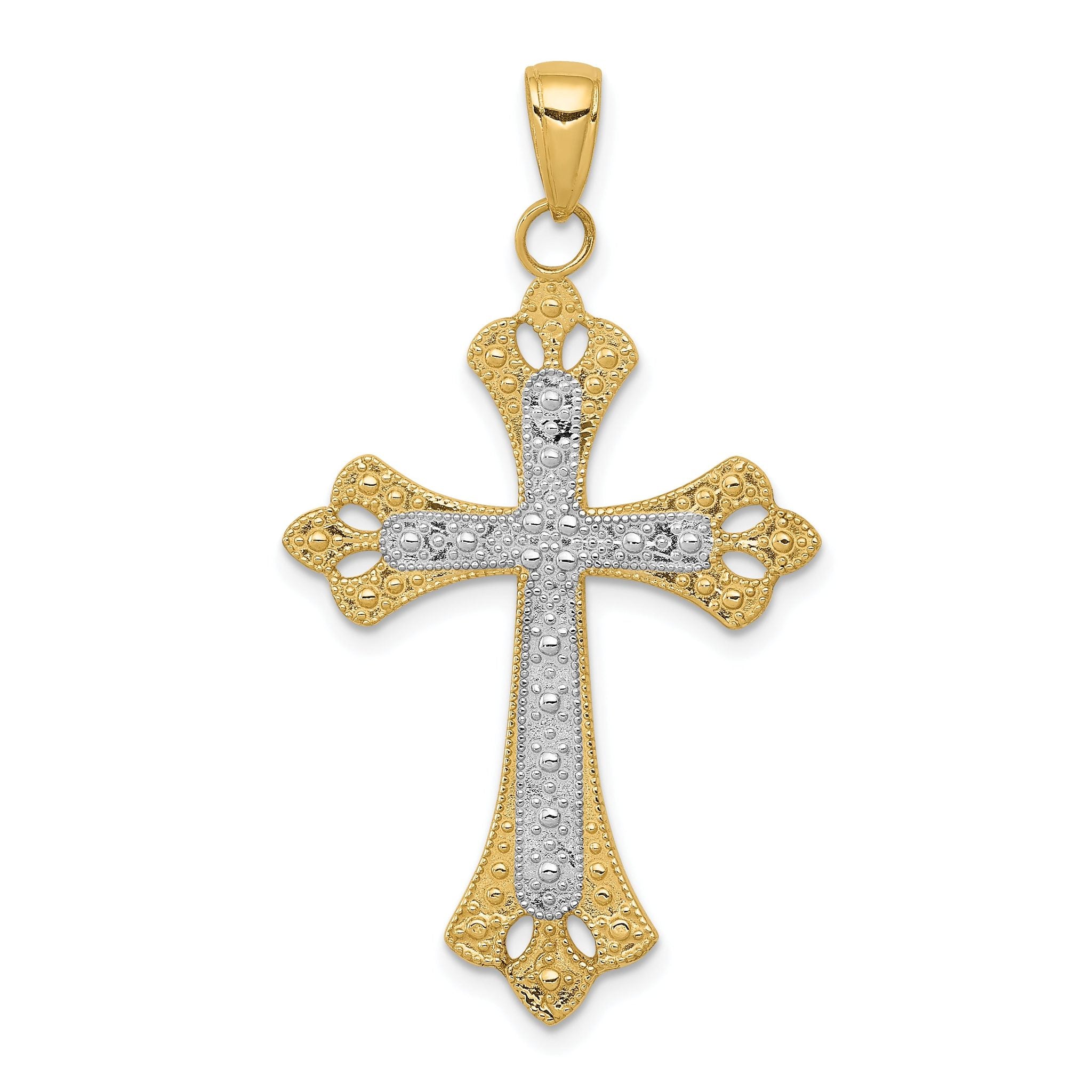 14K Gold and Rhodium Textured Cross Pendant  Elegant Solid Design Main image
