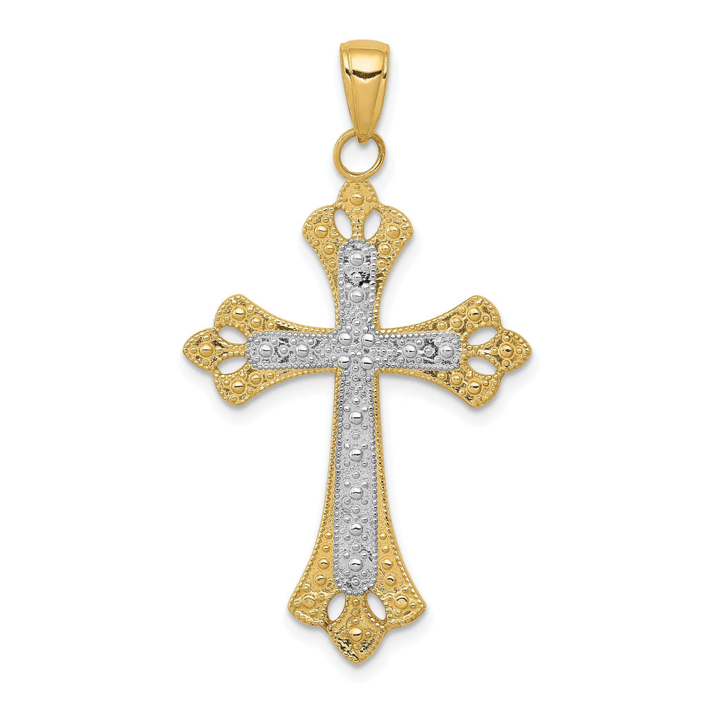14K Gold and Rhodium Textured Cross Pendant  Elegant Solid Design